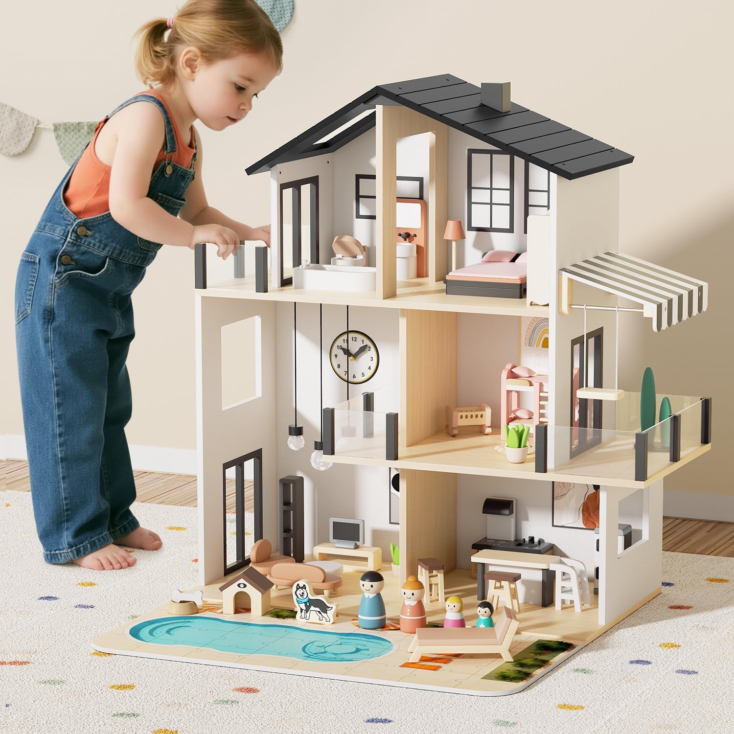 Wooden Dollhouse, Large Modern Doll House with 49Pcs Furniture Accessories, Dolls & Pets, DIY Puzzle Pool Yard, Wood Dollhouse Toy for Toddlers 3+, Ideal Gift for Boys and Girls (Black)