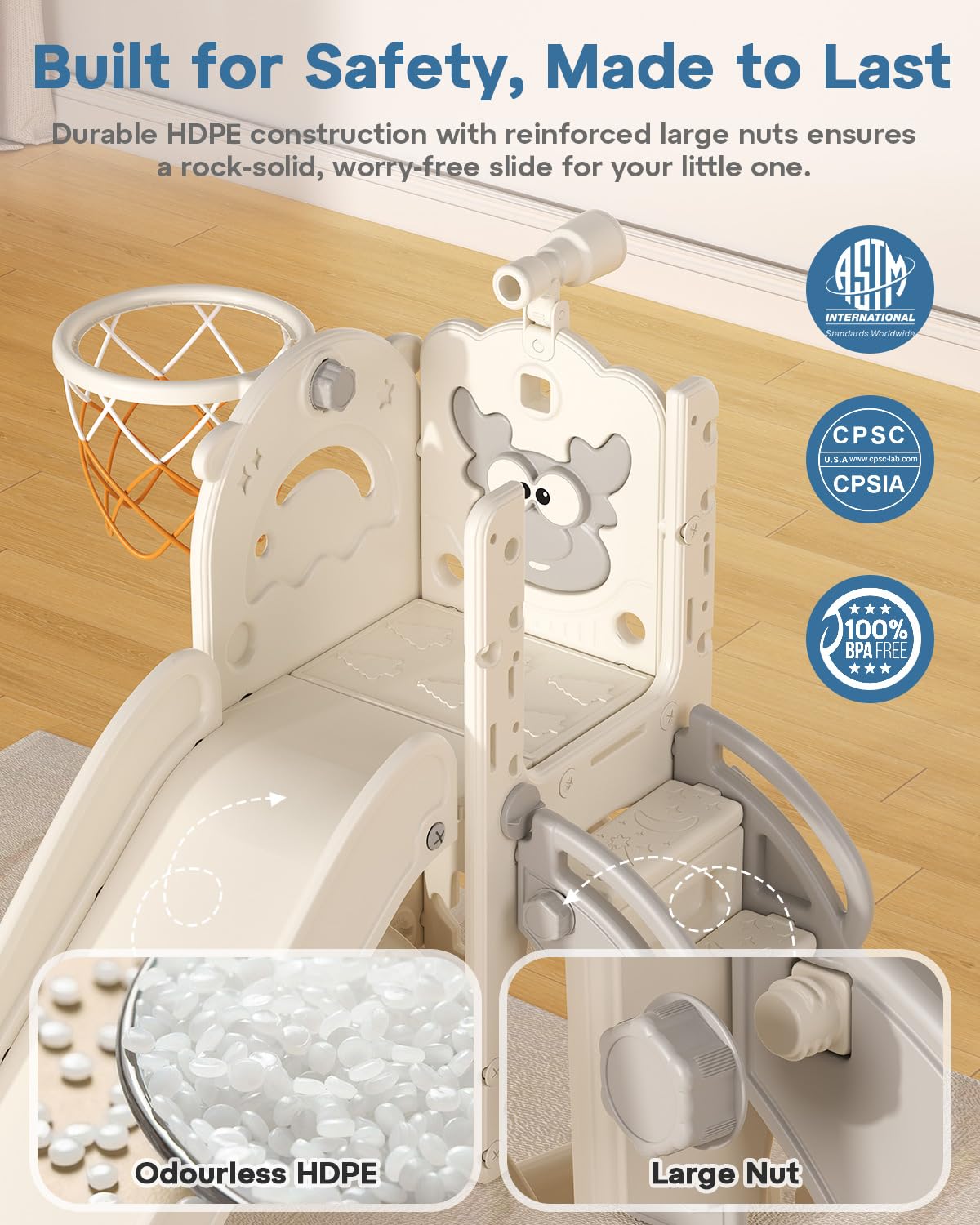 Toddler Slide for Kids,6-in-1 Indoor Outdoor Toddler Slides Playground with Basketball Hoop, Golf Game & Telescope, L-Shaped Baby Slide Climber Playset