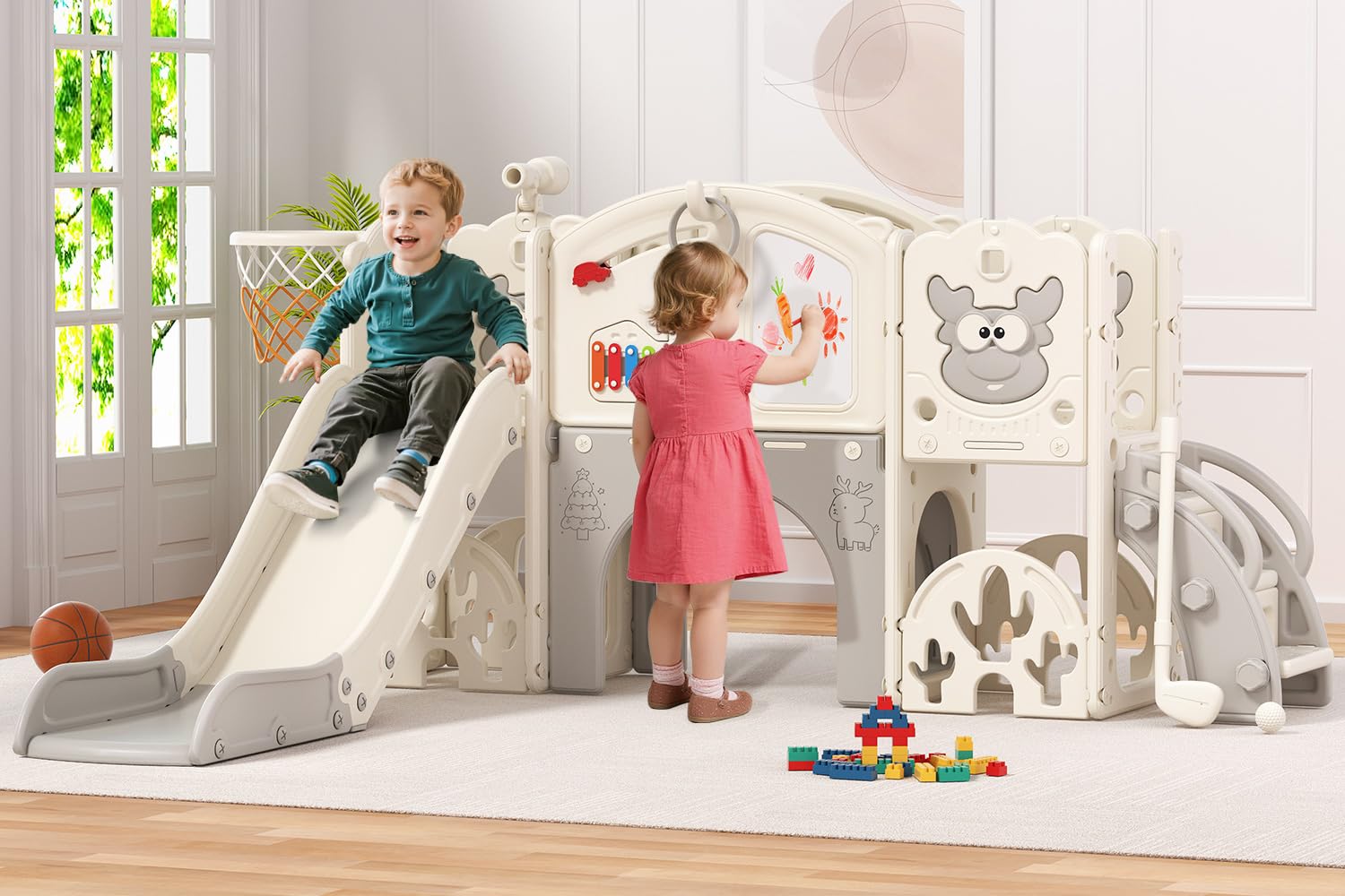 Toddler Slide Set with Basketball Hoop, Golf Game & Drawing Board, 13-in-1 Indoor Outdoor Toddler Slides Playground for Kids Ages 1+