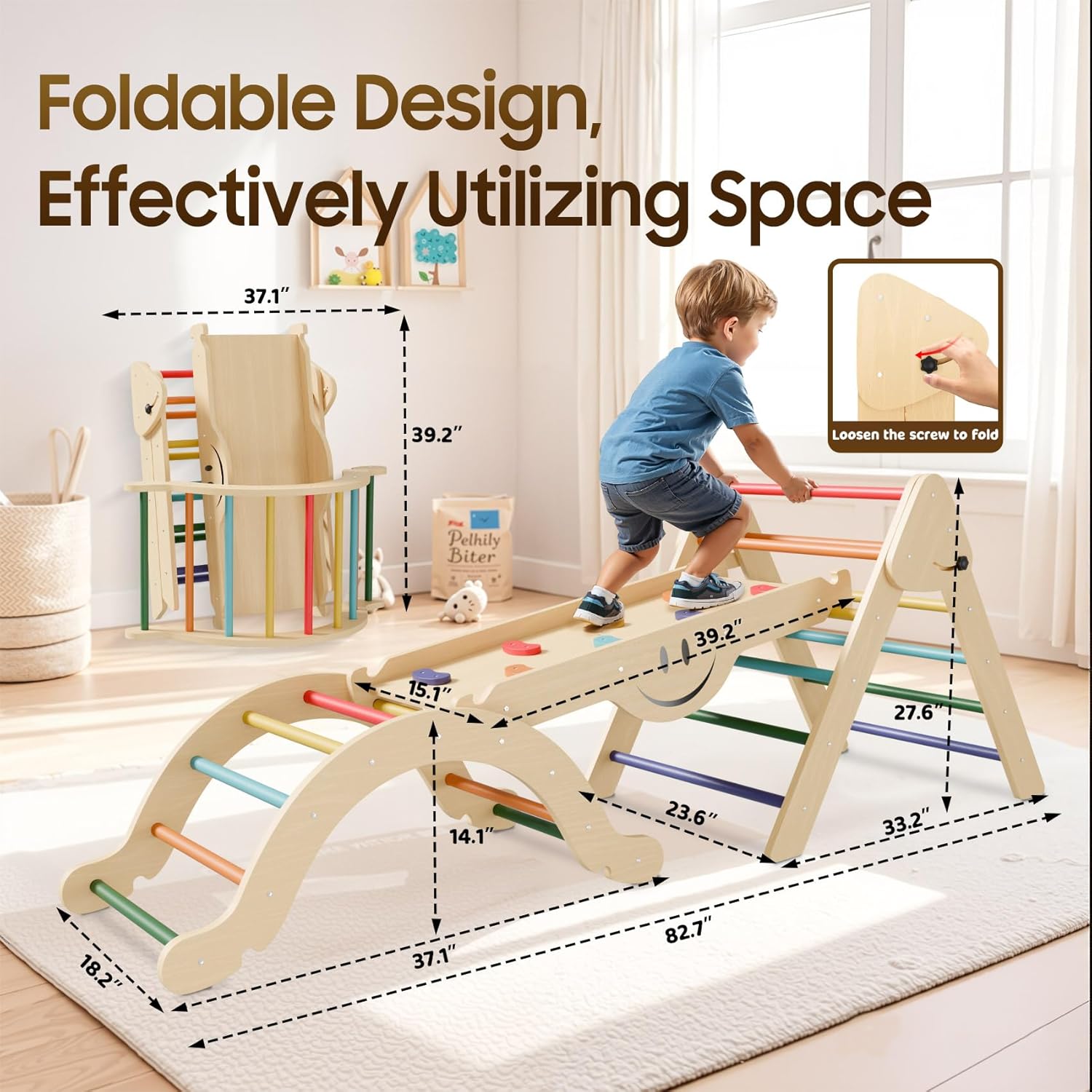 Pikler Triangle Set - 8 in 1 Toddler Climbing Toys Indoor Wooden, Montessori Pickler Climbing Set with Ramp