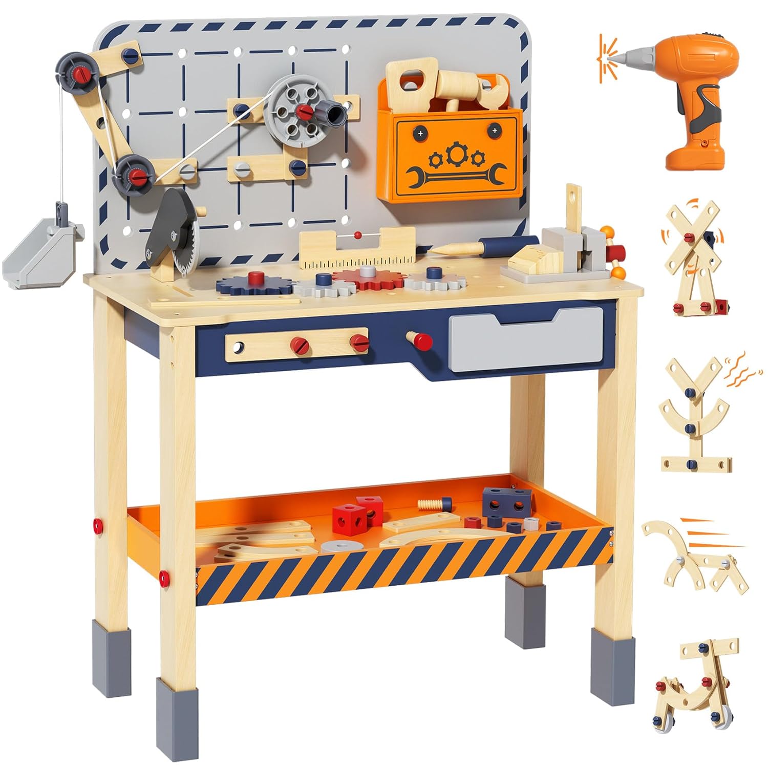 Wooden Toddler Tool Bench with Electric Drill, Kids Workbench Playset with Realistic Tools, Tool Bench for Kids Ages 1-3 3-5