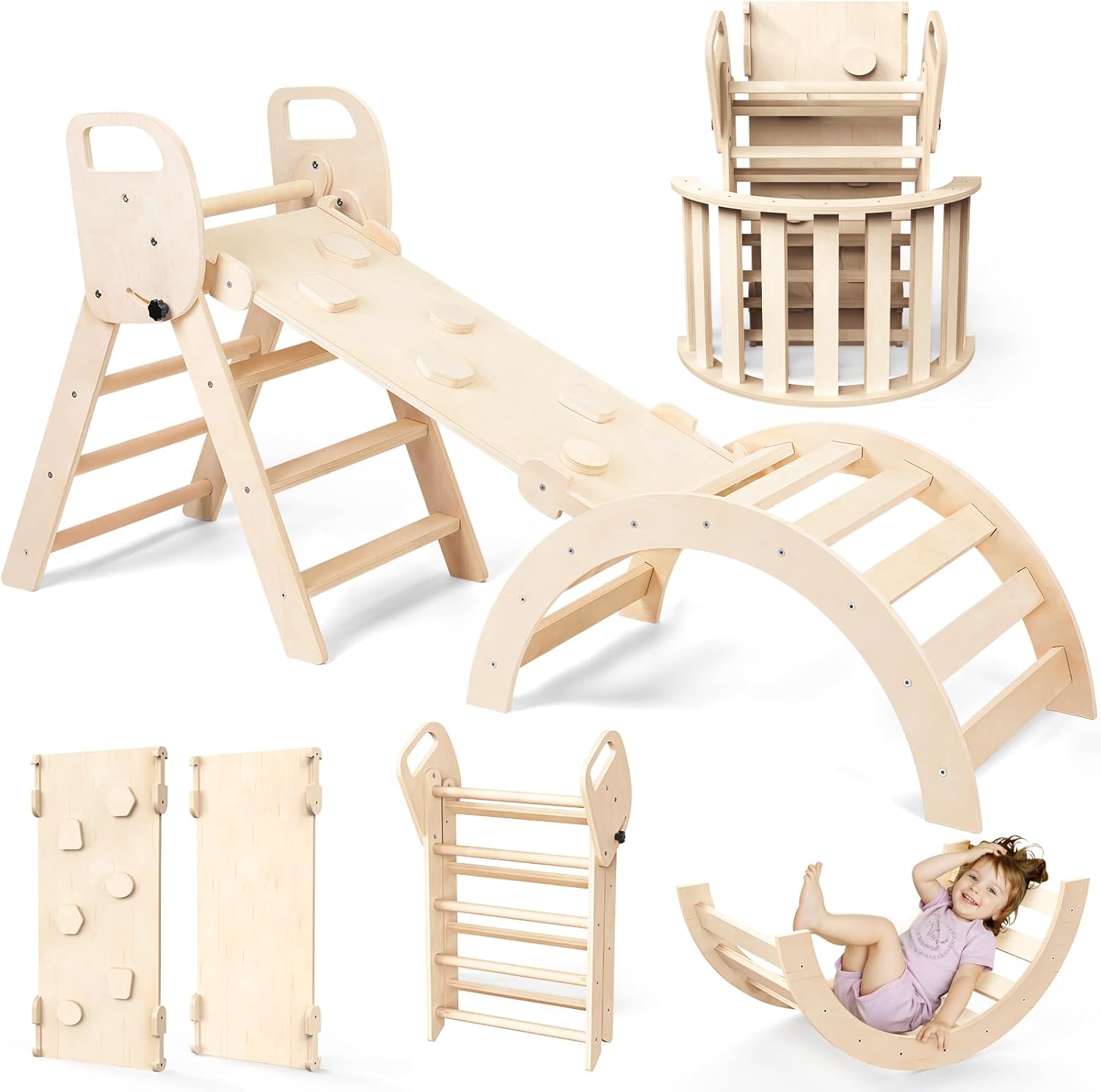 Pikler Triangle Set Foldable Wooden Toddler Climbing Toys Indoor, Playground Jungle Gym