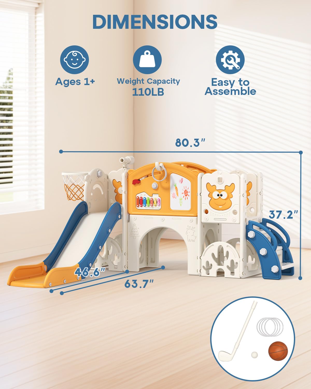 Toddler Slide Set with Basketball Hoop, Golf Game & Drawing Board, 13-in-1 Indoor Outdoor Toddler Slides Playground for Kids Ages 1+