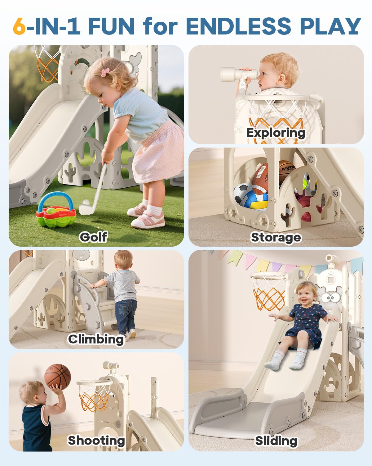 Toddler Slide for Kids,6-in-1 Indoor Outdoor Toddler Slides Playground with Basketball Hoop, Golf Game & Telescope, L-Shaped Baby Slide Climber Playset