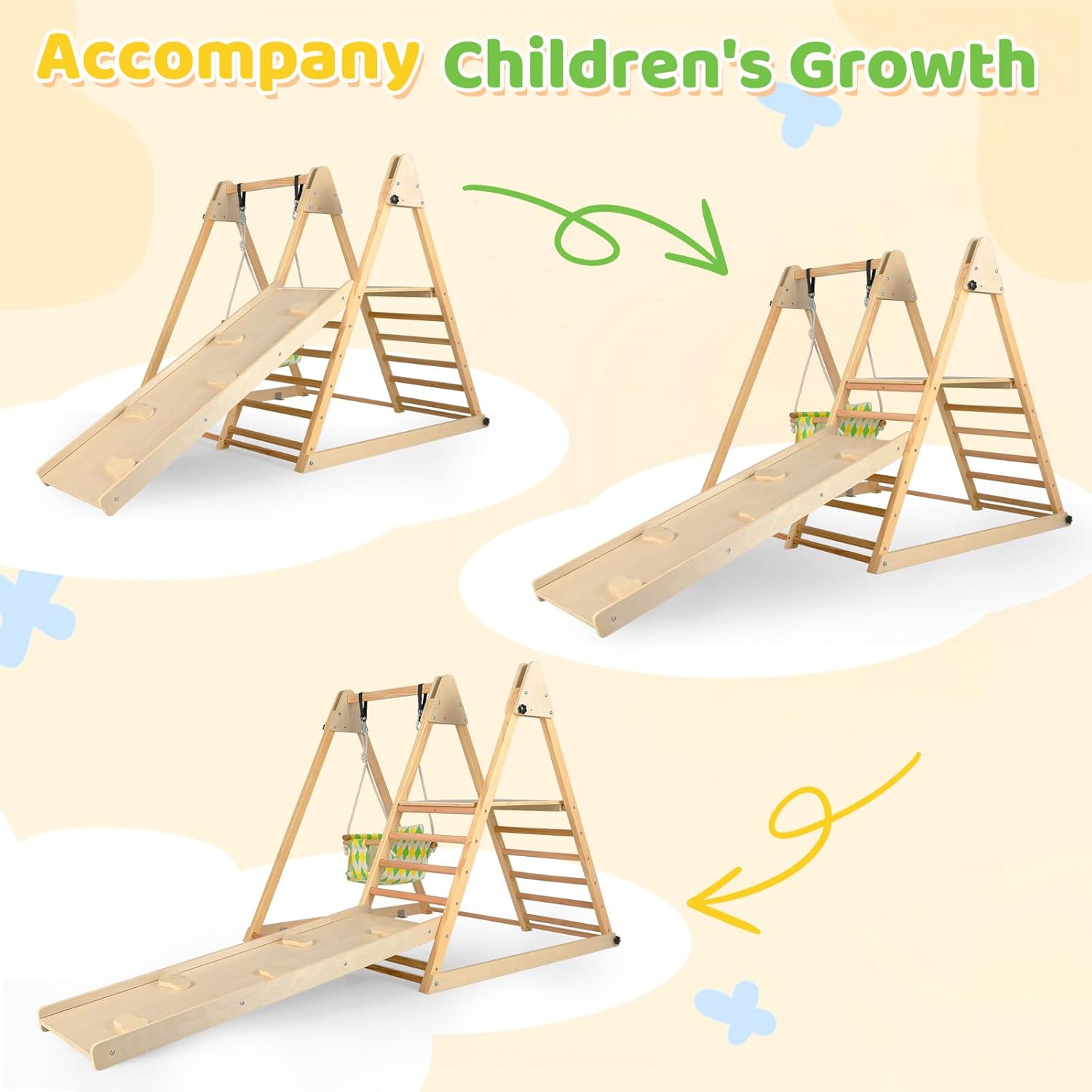 Indoor Jungle Gym, 3 in 1 Wooden Foldable Montessori Toddler Climbing Toys with Adjustable Baby Swing Ramp Ladder