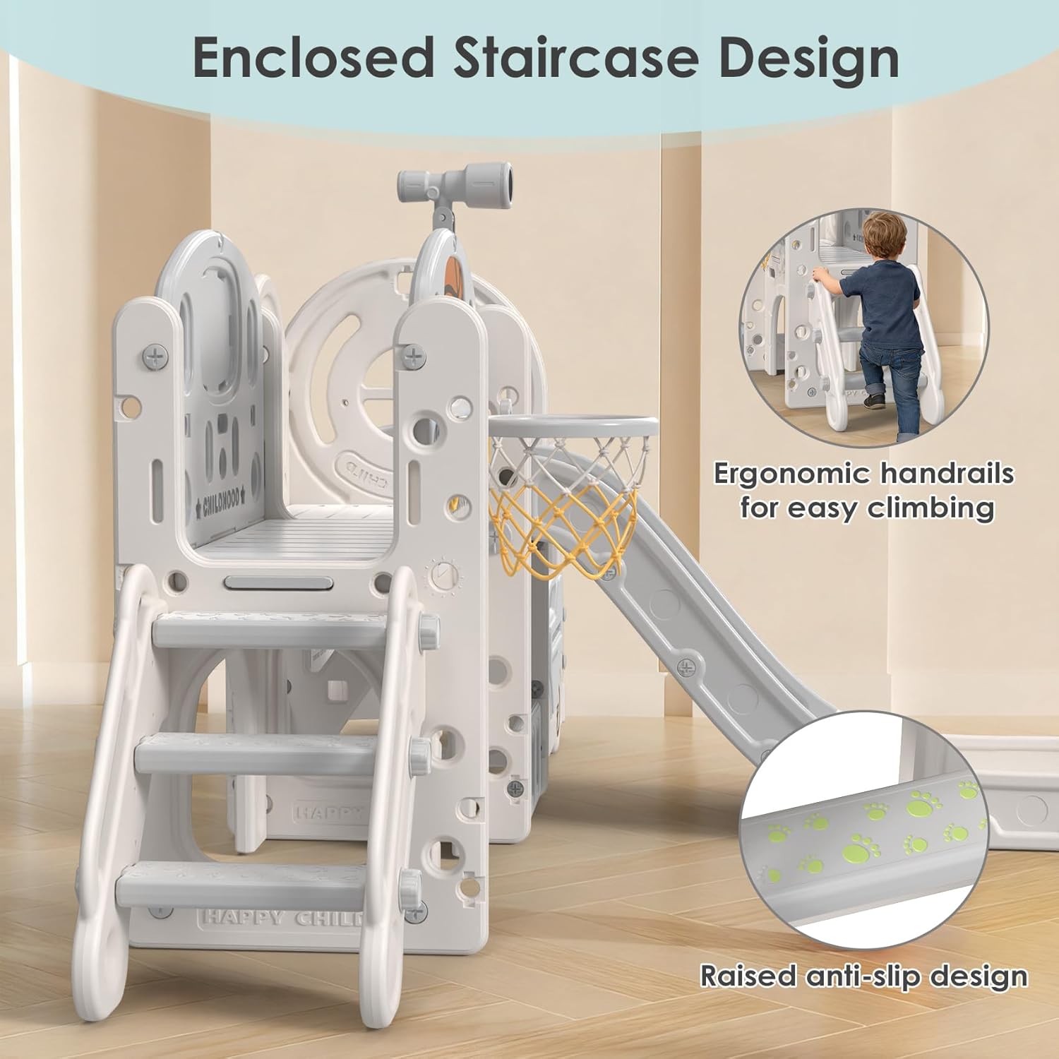 10 in 1 Toddler Slide - Kid Slide for Toddlers Age 1-3 with Ring Toss and Bus Play House, Indoor Outdoor Playset Playground Beige Gray