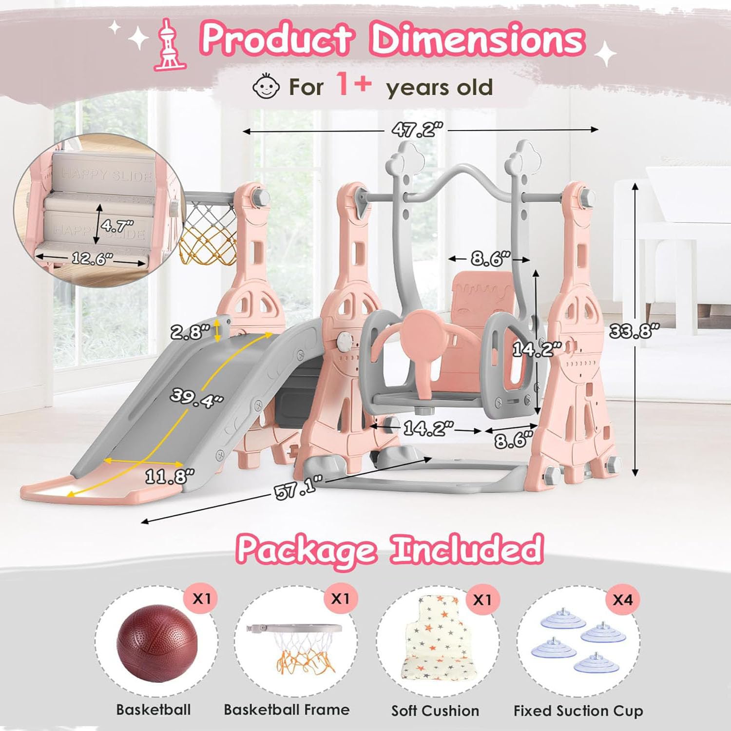 4 in 1 Toddler Slide and Swing Set, Baby Slide for Toddlers Age 1-2