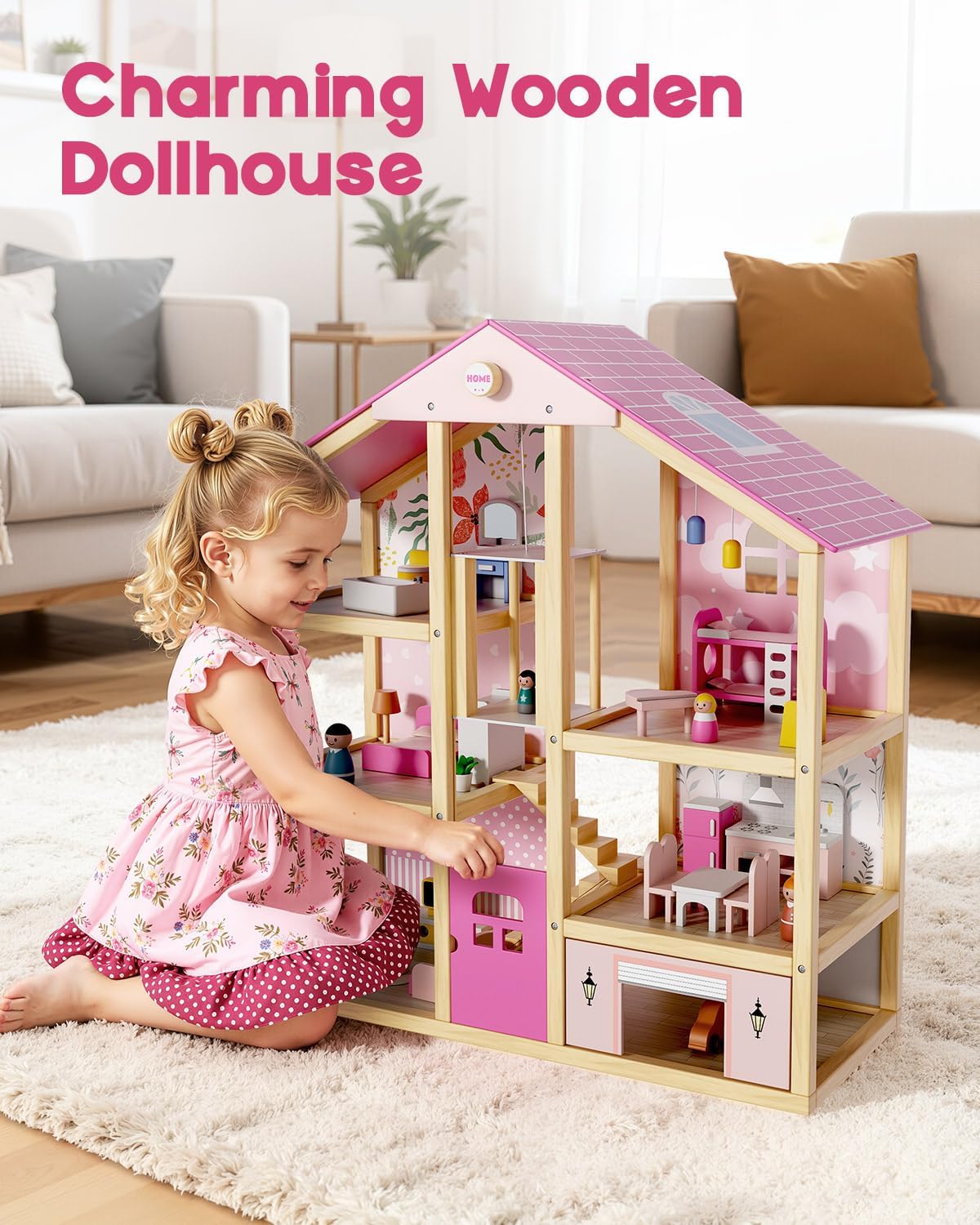 Wooden Dollhouse for Girls, Large Pink Wooden Doll House with 39 Furniture Accessories, Elevator & Garage, 5 Rooms Modern Dollhouse for Toddlers