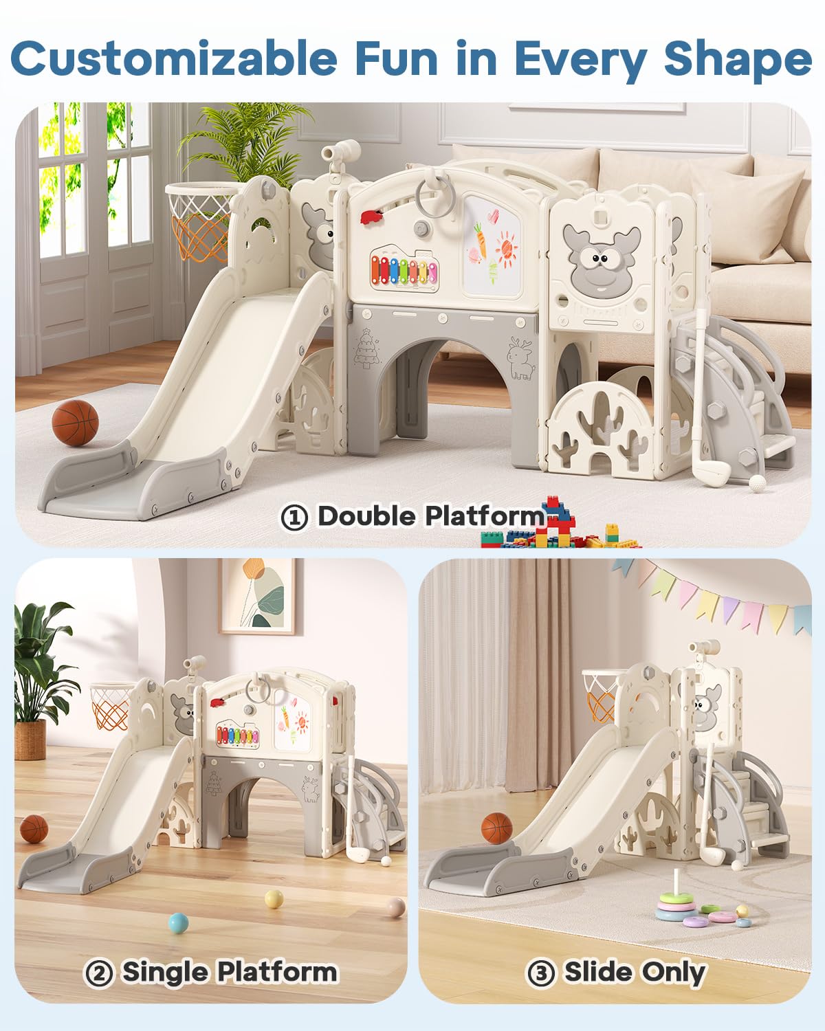 Toddler Slide Set with Basketball Hoop, Golf Game & Drawing Board, 13-in-1 Indoor Outdoor Toddler Slides Playground for Kids Ages 1+