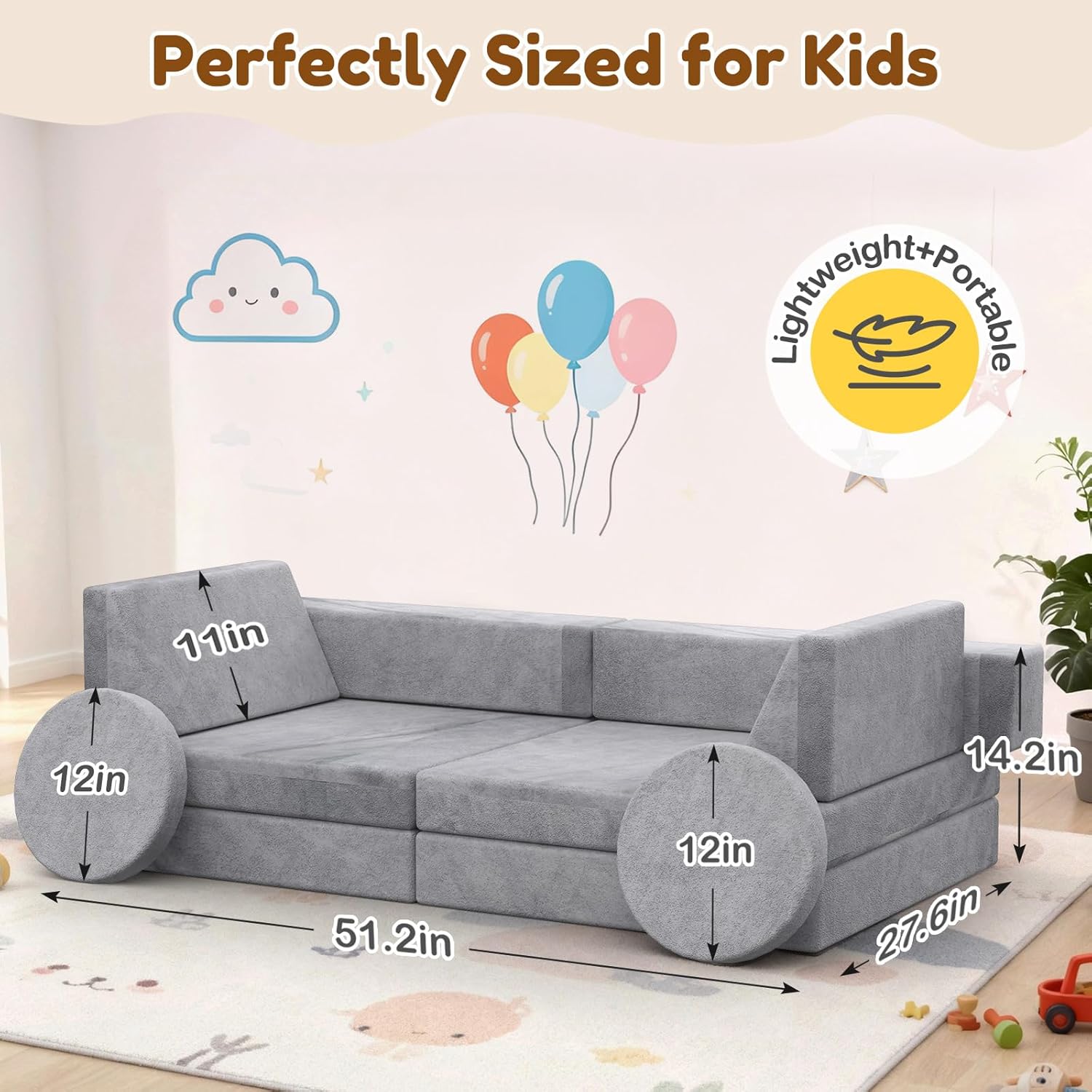 12PCS Modular Kids Play Couch with Blanket, Kids Sofa for Playroom & Indoor, Convertible Toddler Couch for Girls and Boys