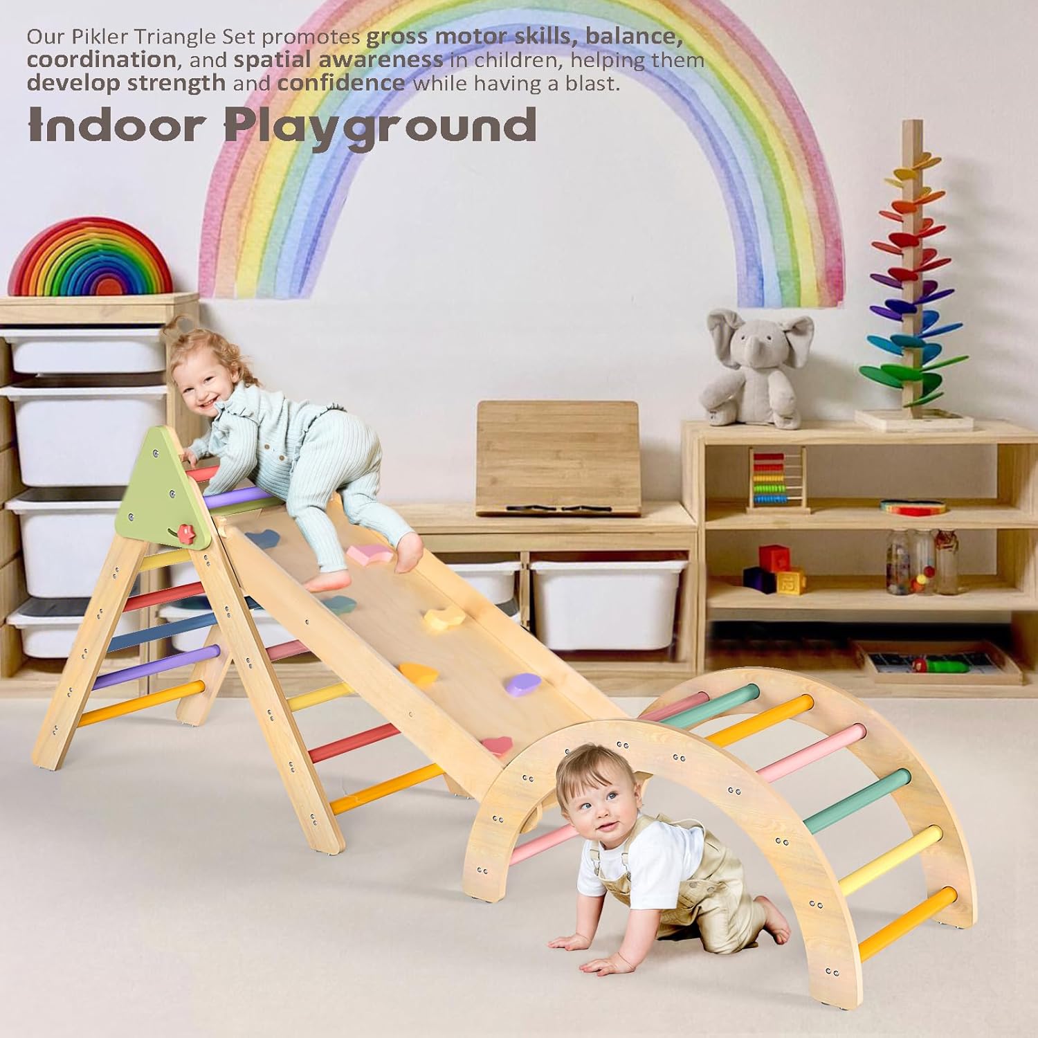 7-in-1 Pikler Triangle Set Toddler Climbing Toys Indoor, Montessori Baby Climbing Gym