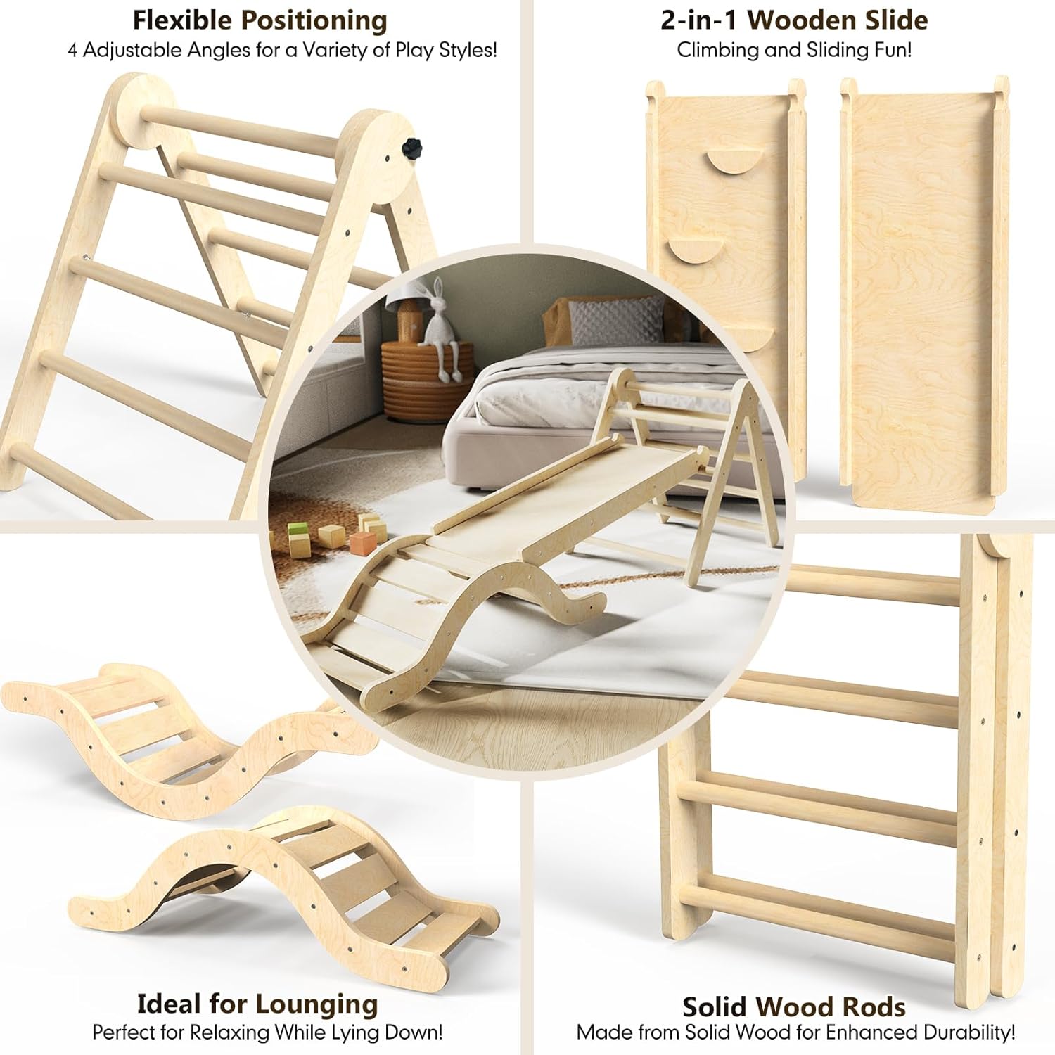 Pikler Triangle Set 7in1 Toddler Climbing Toys Indoor Foldable Baby Climbing Toys Wooden Montessori Climbing Set with Arch, Ramp, Ladder for 1-3 Years