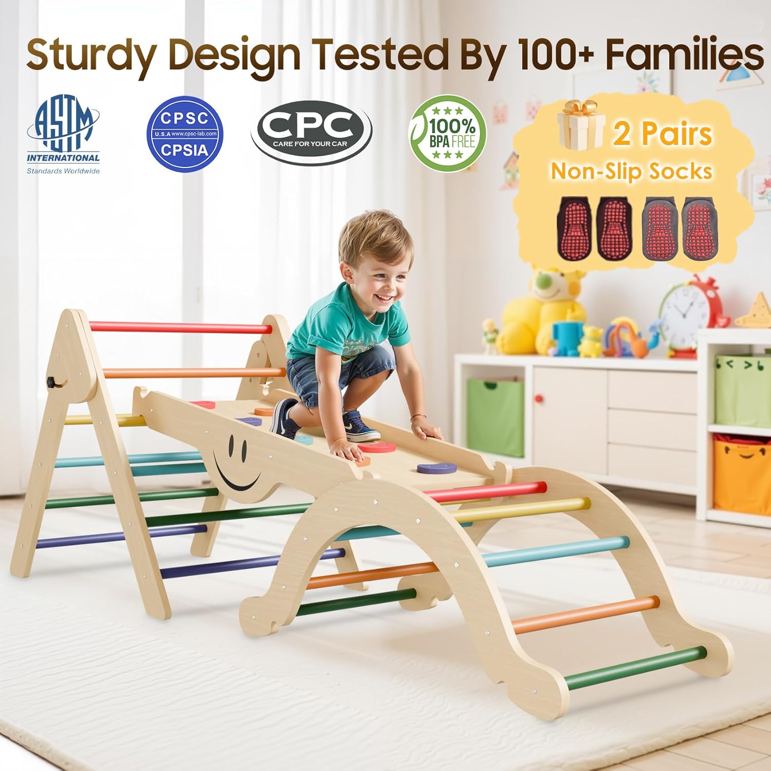 Pikler Triangle Set - 8 in 1 Toddler Climbing Toys Indoor Wooden, Montessori Pickler Climbing Set with Ramp