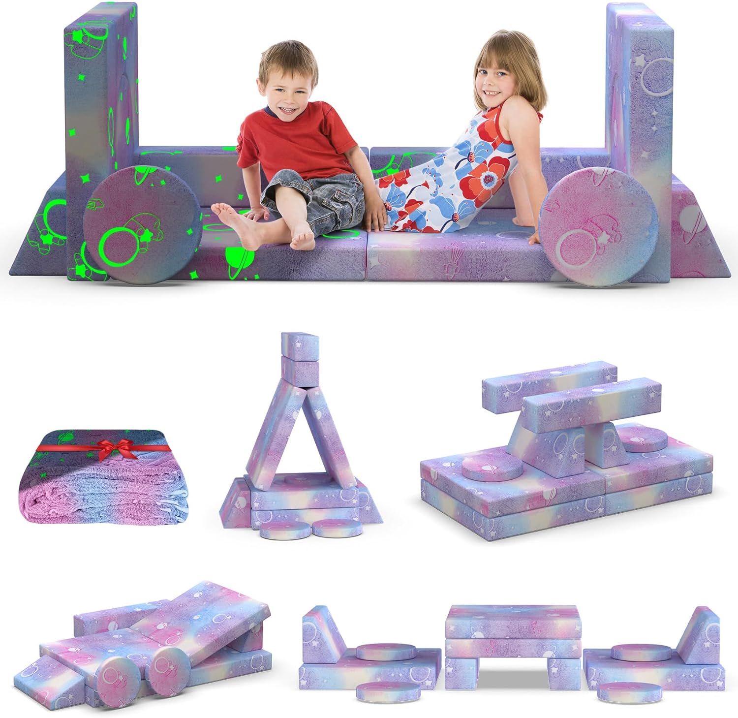 12PCS Modular Kids Play Sofa with Blanket, Play Couch with Glow Effects for Playroom & Indoor