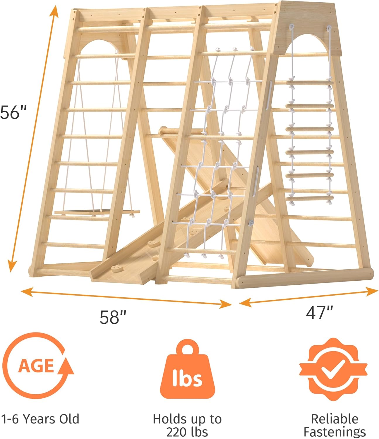Indoor Jungle Gym for Toddlers, 8-in-1 Wooden Montessori Climbing Toys with Slide, Swing, Rock Wall, Rope Ladder, Monkey Bars