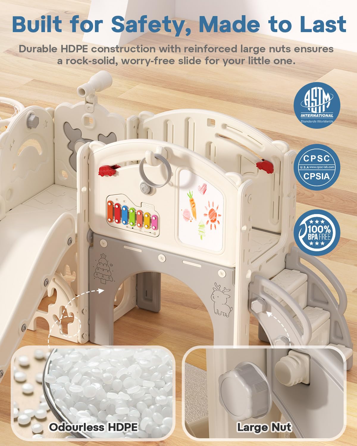 13 in 1 Kids Indoor Slide for Toddler 1-3, Indoor Outdoor Toddler Slide Playset with Basketball Hoop, Golf Game & Drawing Board, Baby Indoor Slide Playground