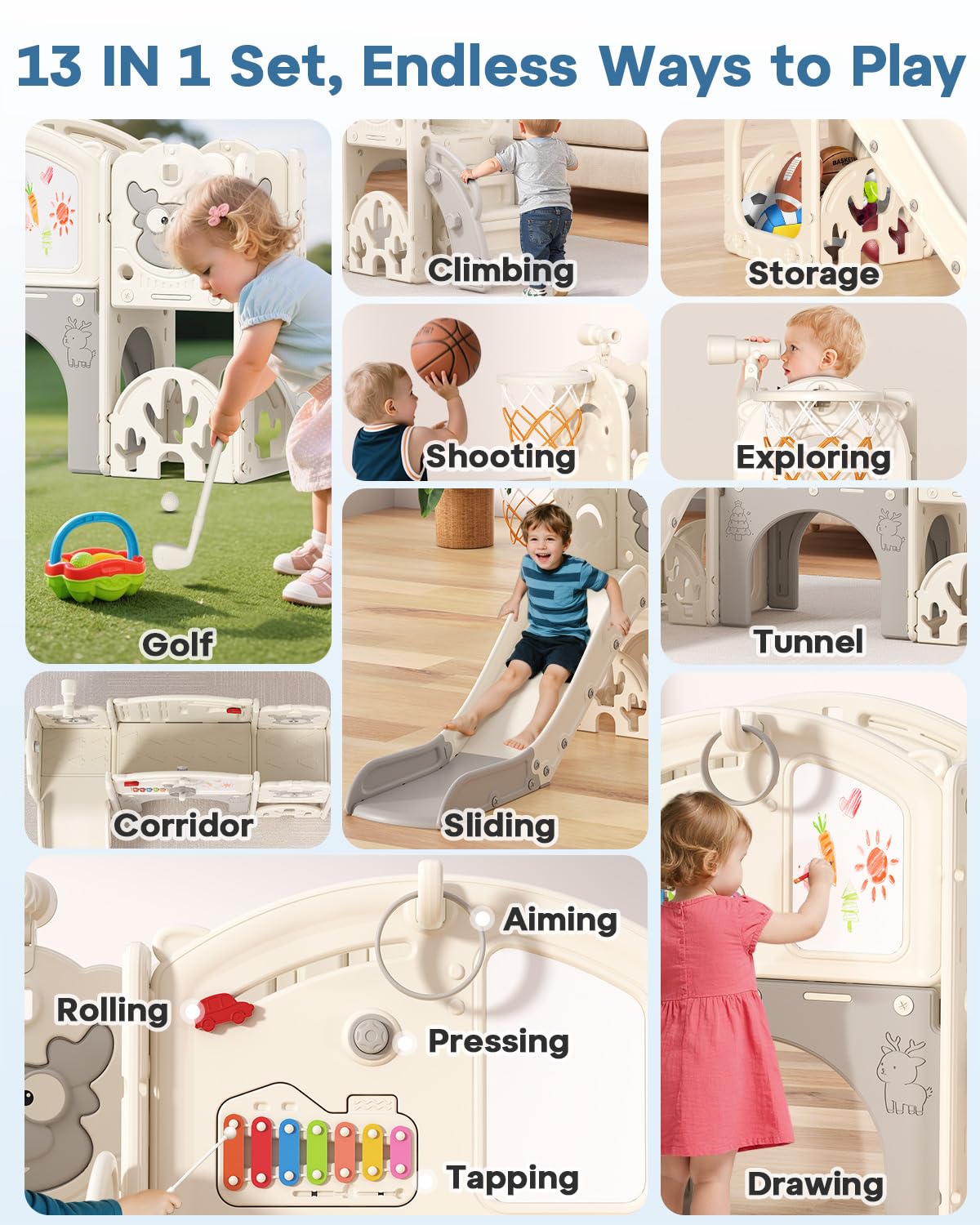 Toddler Slide Set with Basketball Hoop, Golf Game & Drawing Board, 13-in-1 Indoor Outdoor Toddler Slides Playground for Kids Ages 1+