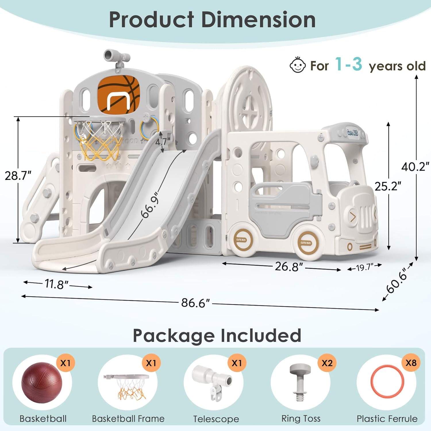 10 in 1 Toddler Slide - Kid Slide for Toddlers Age 1-3 with Ring Toss and Bus Play House, Indoor Outdoor Playset Playground Beige Gray