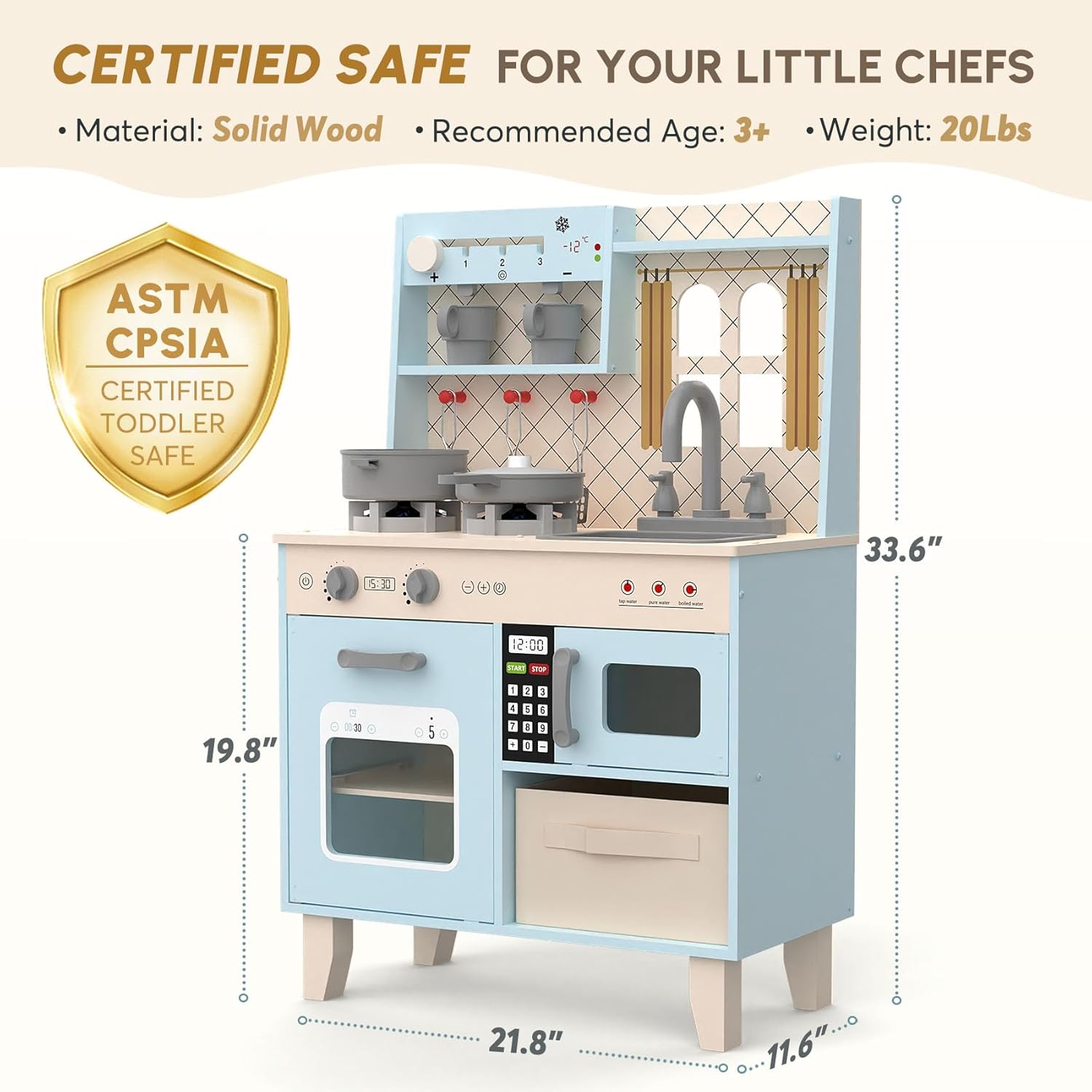 Play Kitchen with Realistic Lights & Sounds, Wooden Kitchen Playset Chef Pretend Play Set for Toddlers