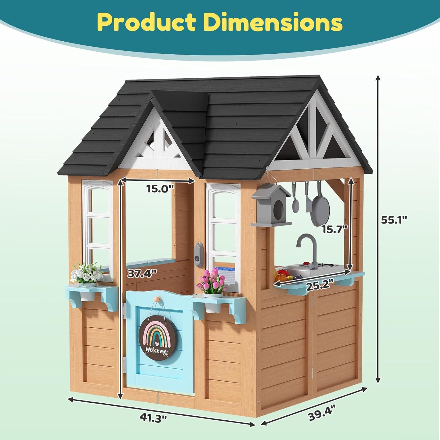 Outdoor Playhouse for Kids - Wooden Kid Play House with Play Kitchen, Birdhouse, Flowerpot Holders and Mud Molds, Premium Wood Kids Cottage for Ages 3-8