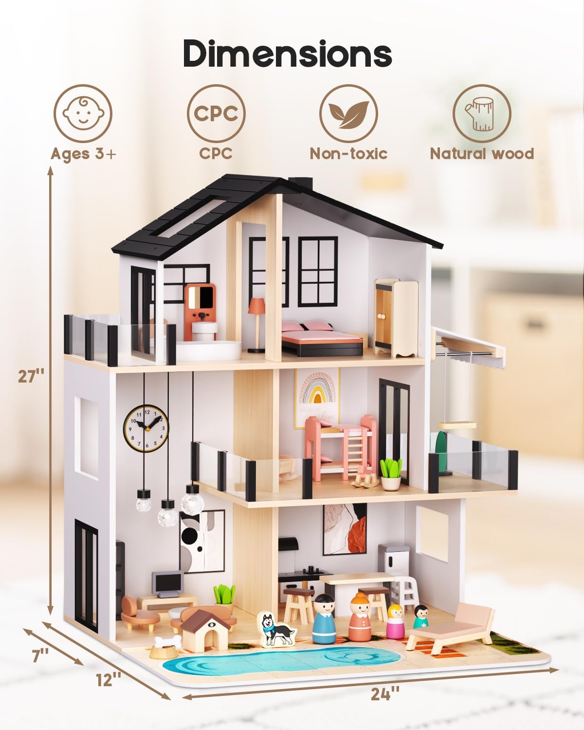 Wooden Dollhouse, Large Modern Doll House with 49Pcs Furniture Accessories, Dolls & Pets, DIY Puzzle Pool Yard, Wood Dollhouse Toy for Toddlers 3+, Ideal Gift for Boys and Girls (Black)