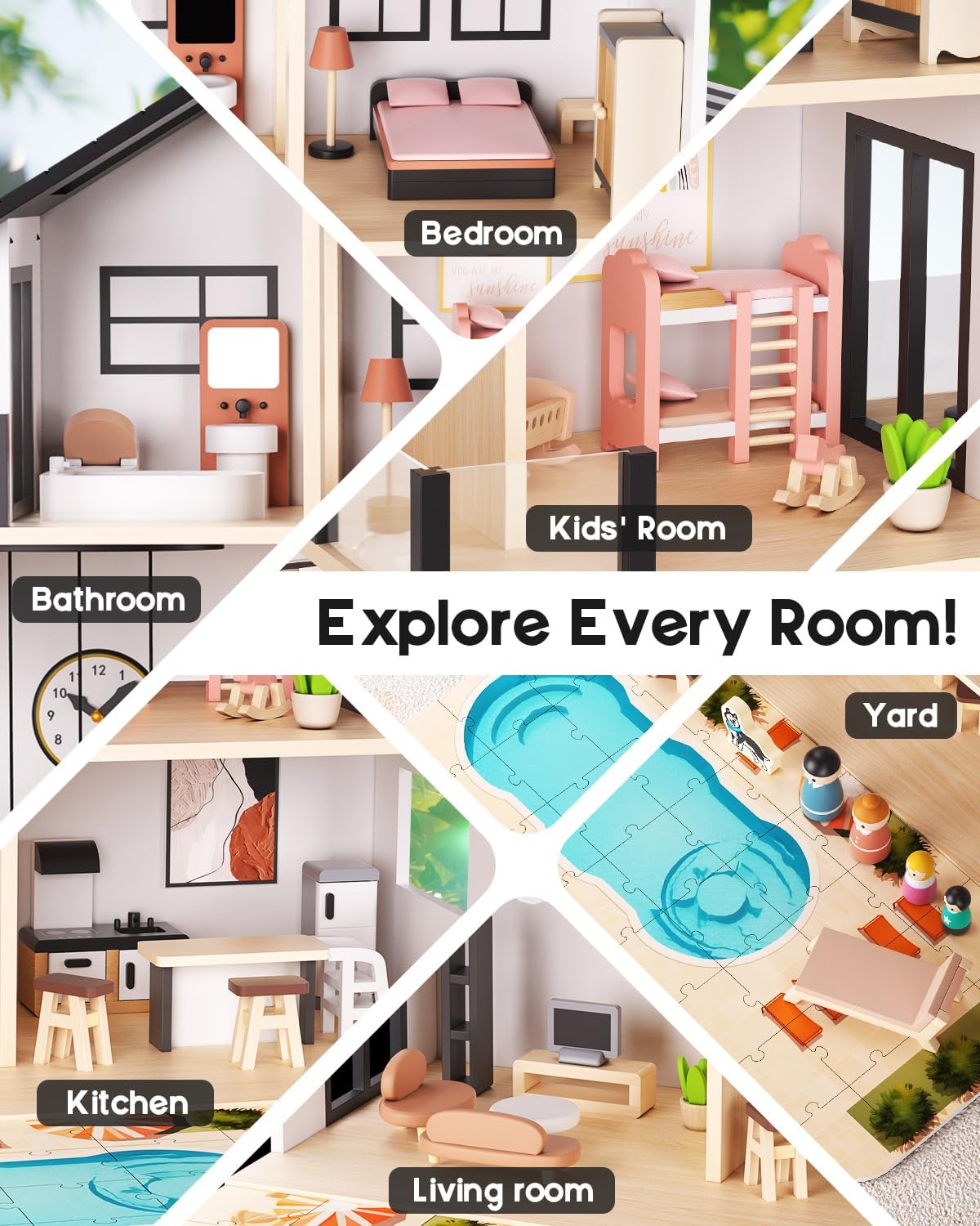 Wooden Dollhouse, Large Modern Doll House with 49Pcs Furniture Accessories, Dolls & Pets, DIY Puzzle Pool Yard, Wood Dollhouse Toy for Toddlers 3+, Ideal Gift for Boys and Girls (Black)