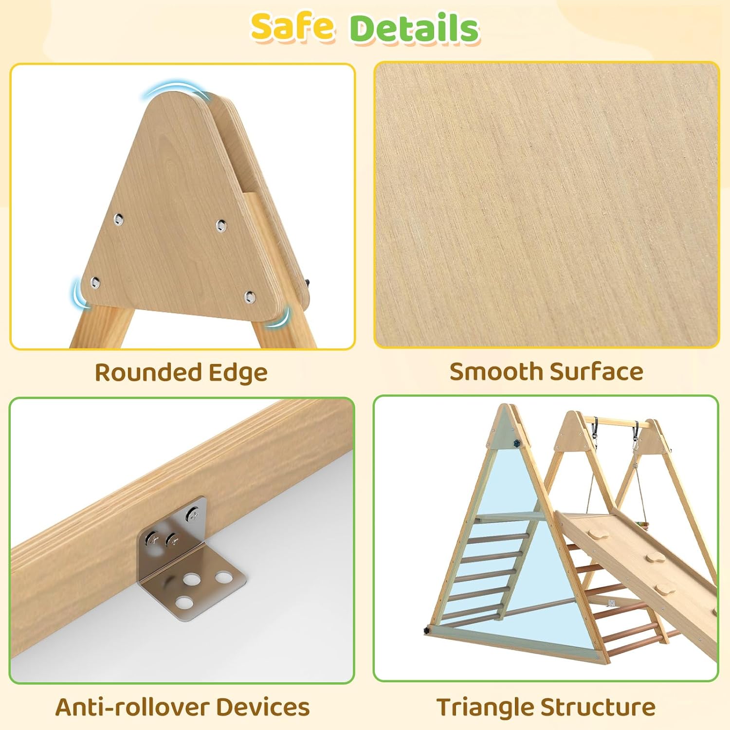 Indoor Jungle Gym, 3 in 1 Wooden Foldable Montessori Toddler Climbing Toys with Adjustable Baby Swing Ramp Ladder