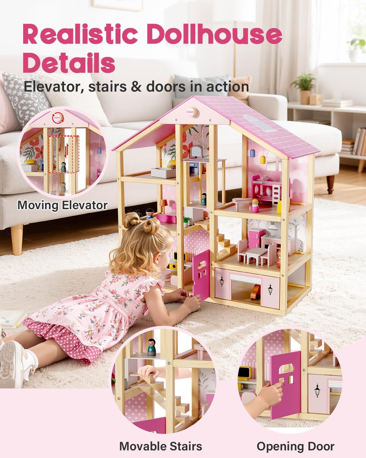 Wooden Dollhouse for Girls, Large Pink Wooden Doll House with 39 Furniture Accessories, Elevator & Garage, 5 Rooms Modern Dollhouse for Toddlers