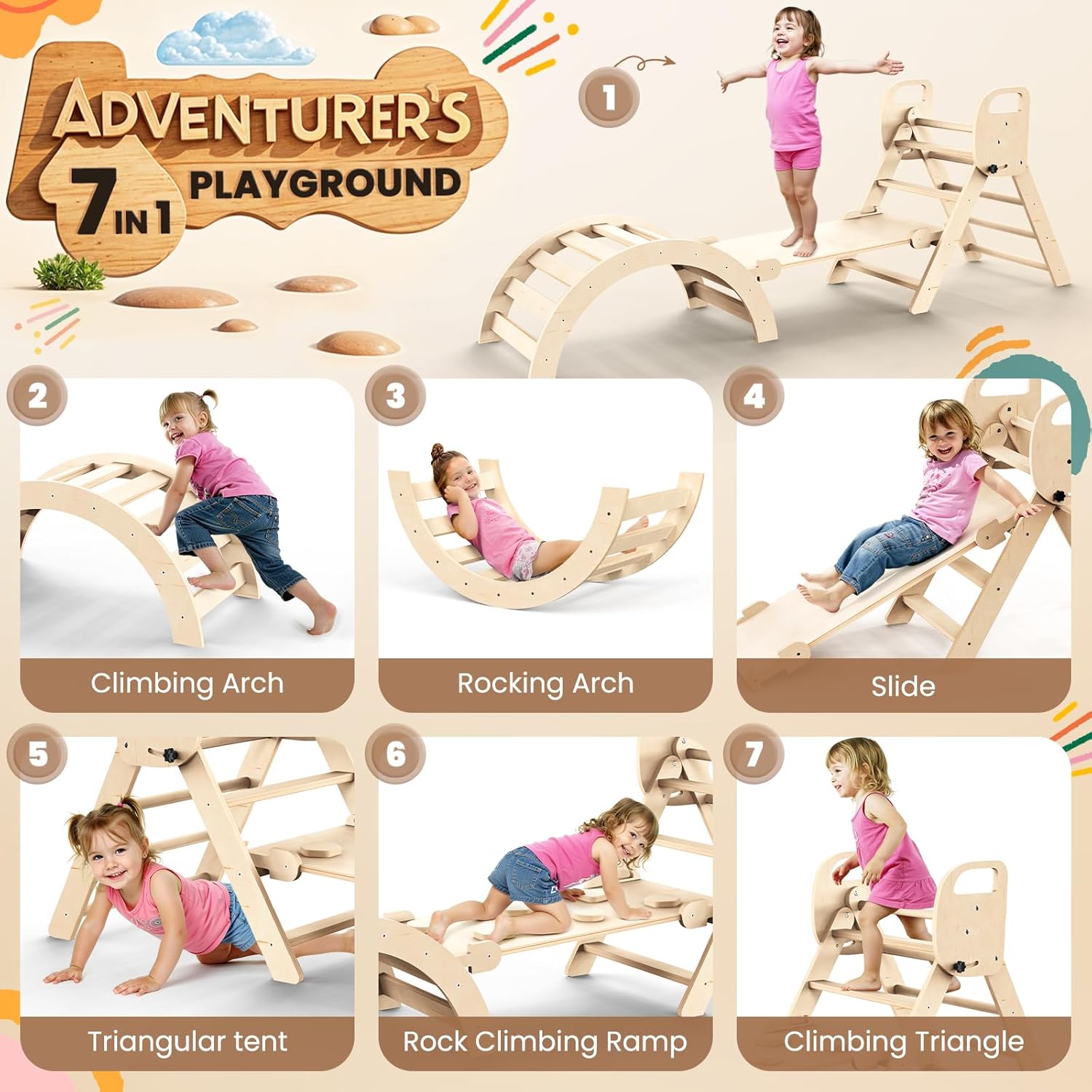 Pikler Triangle Set Foldable Wooden Toddler Climbing Toys Indoor, Playground Jungle Gym