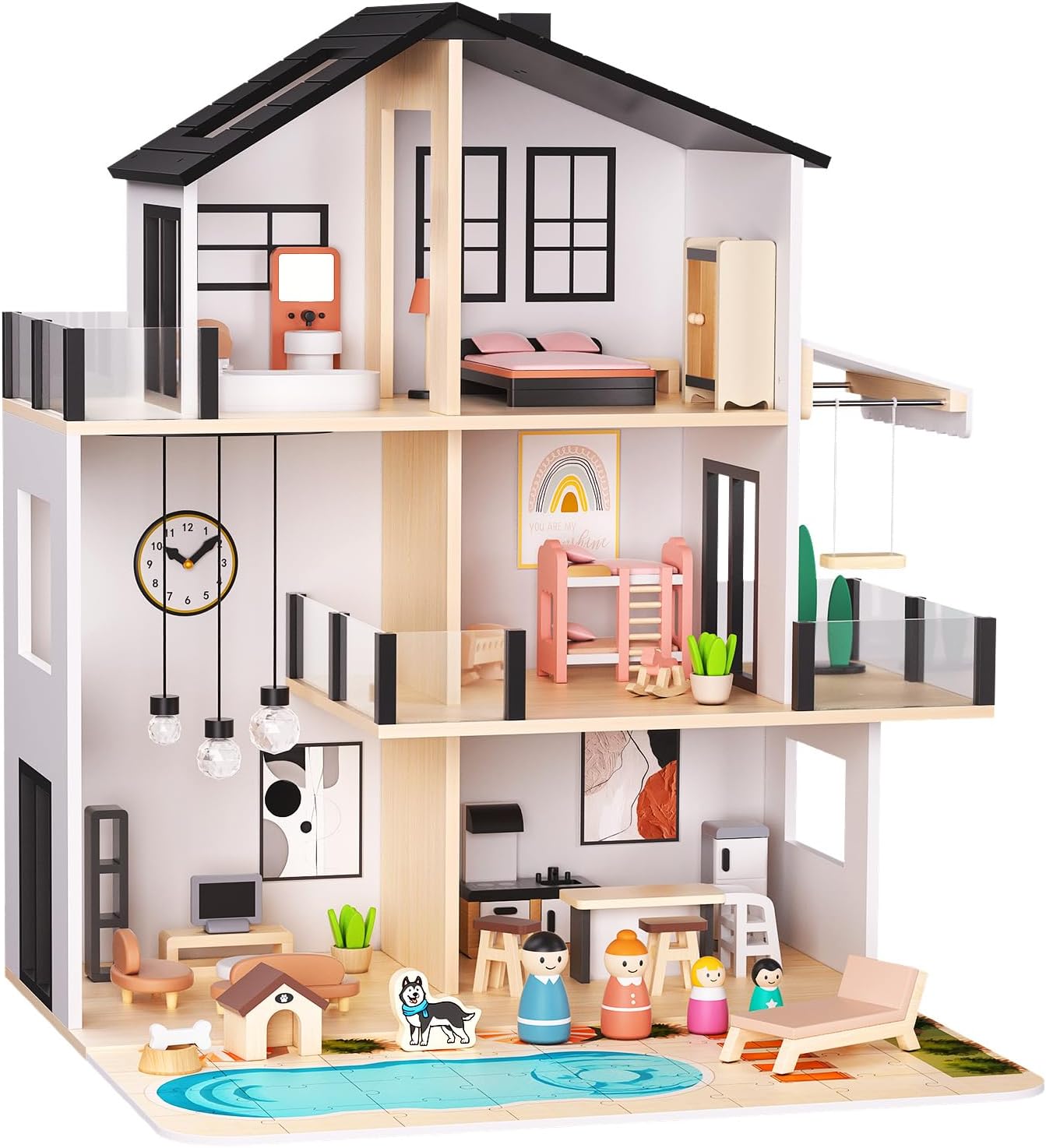 Wooden Dollhouse, Large Modern Doll House with 49Pcs Furniture Accessories, Dolls & Pets, DIY Puzzle Pool Yard, Wood Dollhouse Toy for Toddlers 3+, Ideal Gift for Boys and Girls (Black)