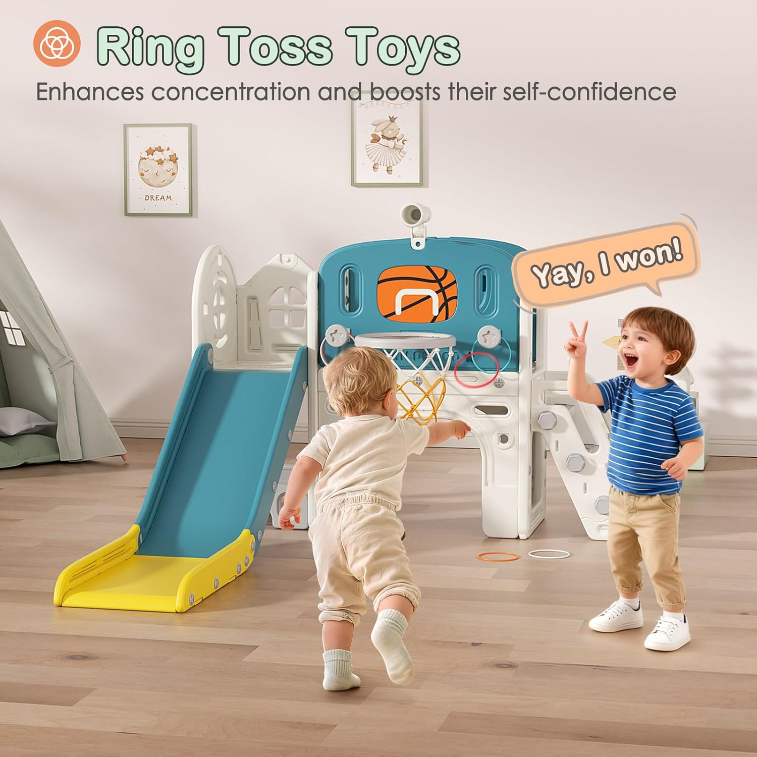 9 in 1 Toddler Slide Set - Baby Slide for Toddlers 1-3 with Ring Toss and Basketball Hoop, Indoor Outdoor Toddler Playset Playground