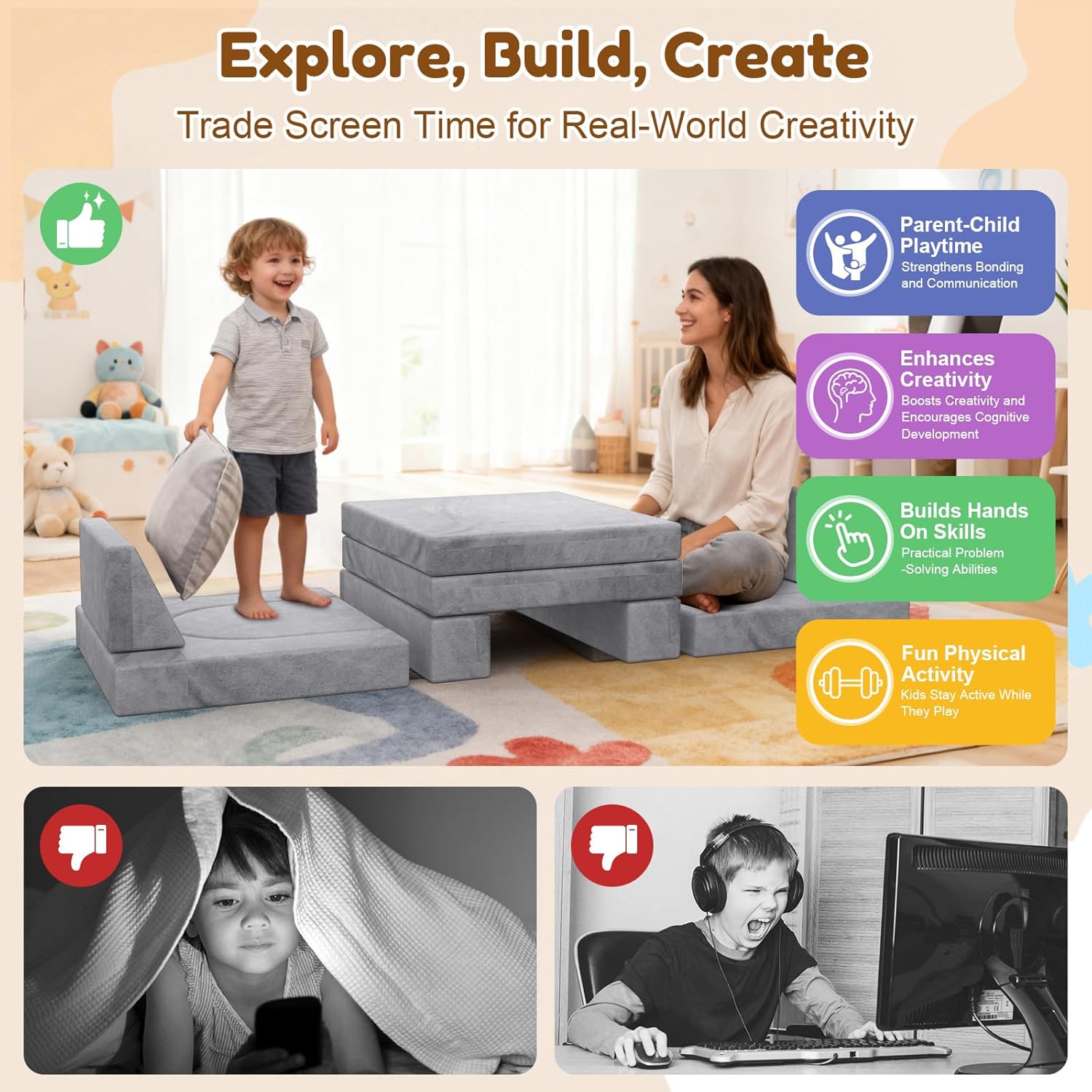 12PCS Modular Kids Play Couch with Blanket, Kids Sofa for Playroom & Indoor, Convertible Toddler Couch for Girls and Boys