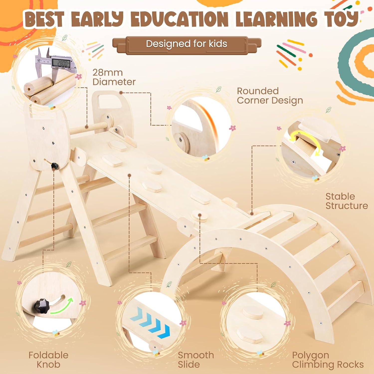 Pikler Triangle Set Foldable Wooden Toddler Climbing Toys Indoor, Playground Jungle Gym