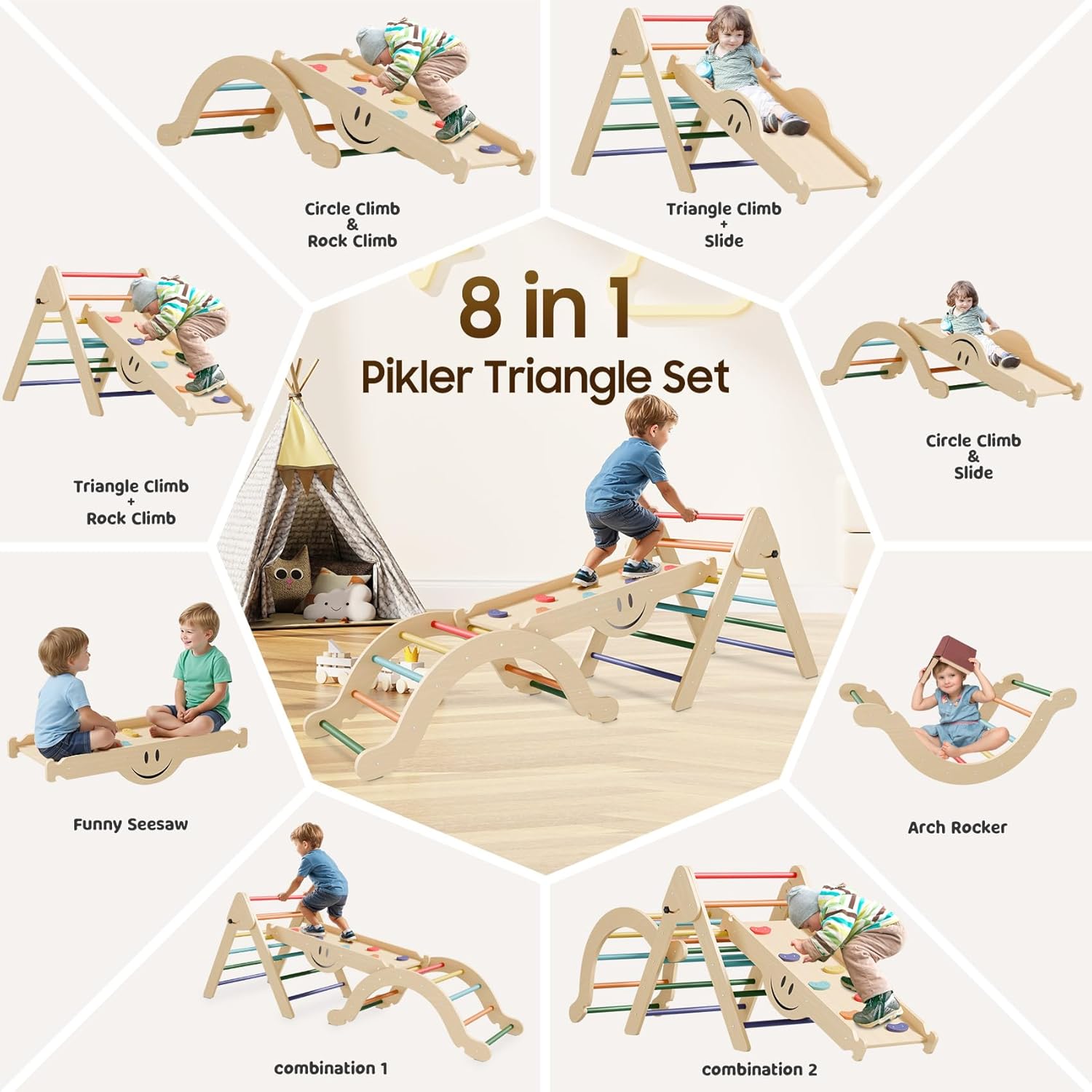 Pikler Triangle Set - 8 in 1 Toddler Climbing Toys Indoor Wooden, Montessori Pickler Climbing Set with Ramp