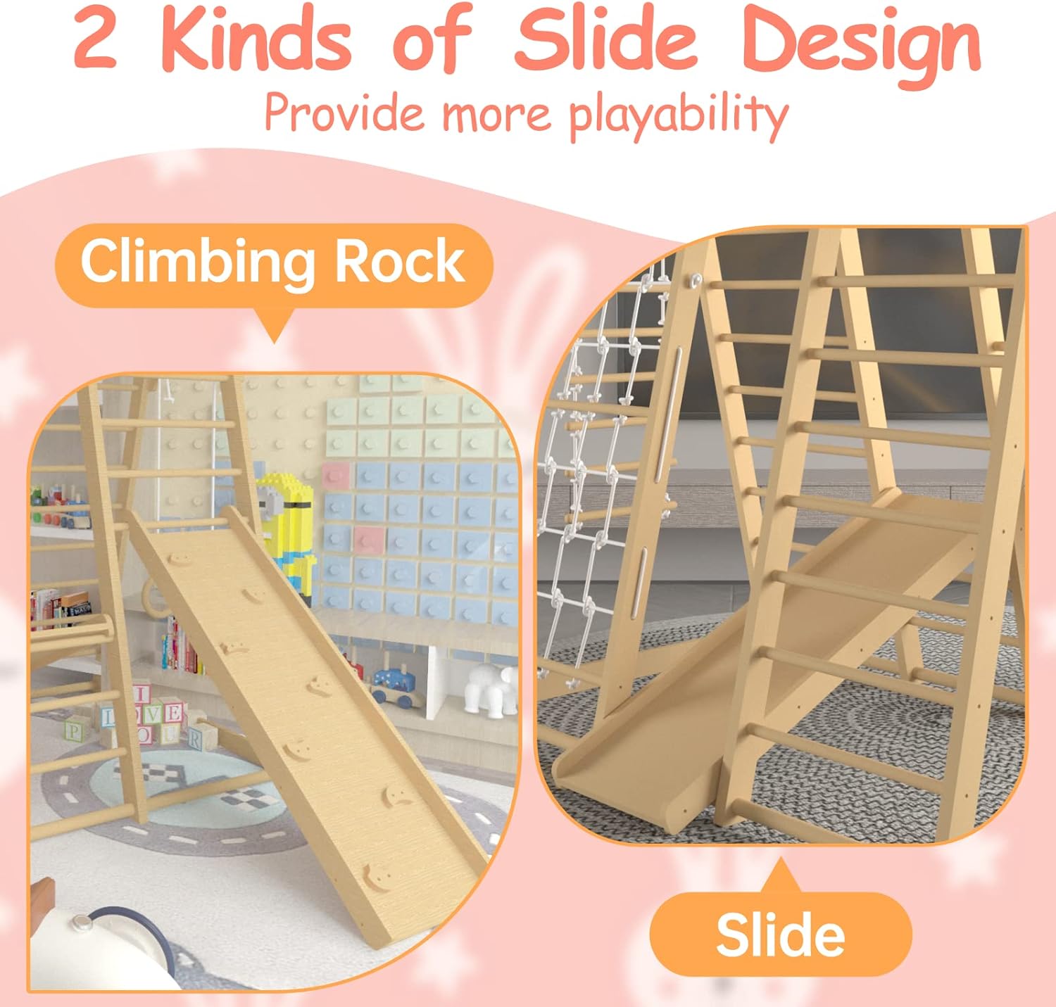 Toddler Jungle Gym, 66" Indoor Playground Set with Swing, Rock Climb Wall, Slide, Monkey Bars, Wood & Rope Ladder