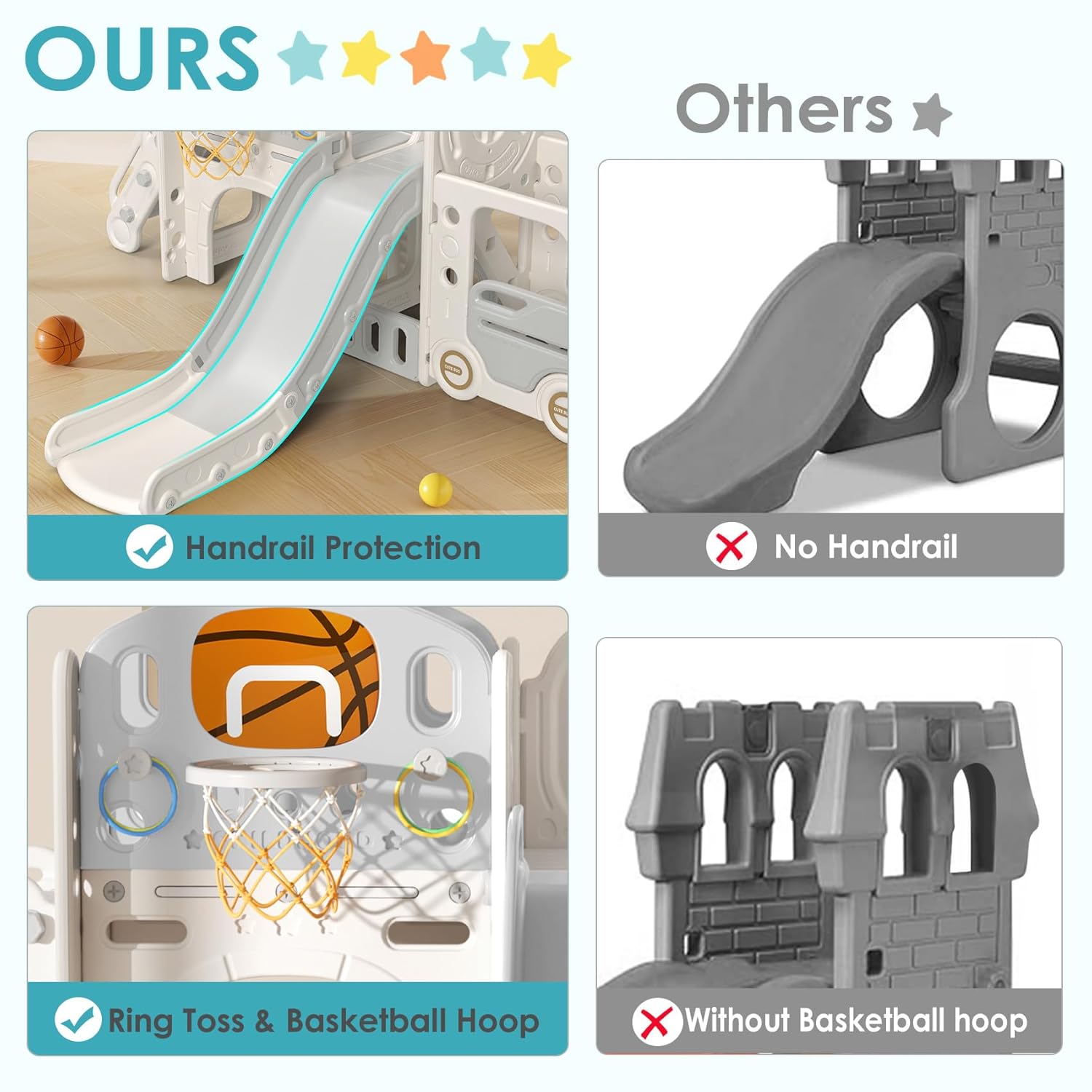 10 in 1 Toddler Slide - Kid Slide for Toddlers Age 1-3 with Ring Toss and Bus Play House, Indoor Outdoor Playset Playground Beige Gray