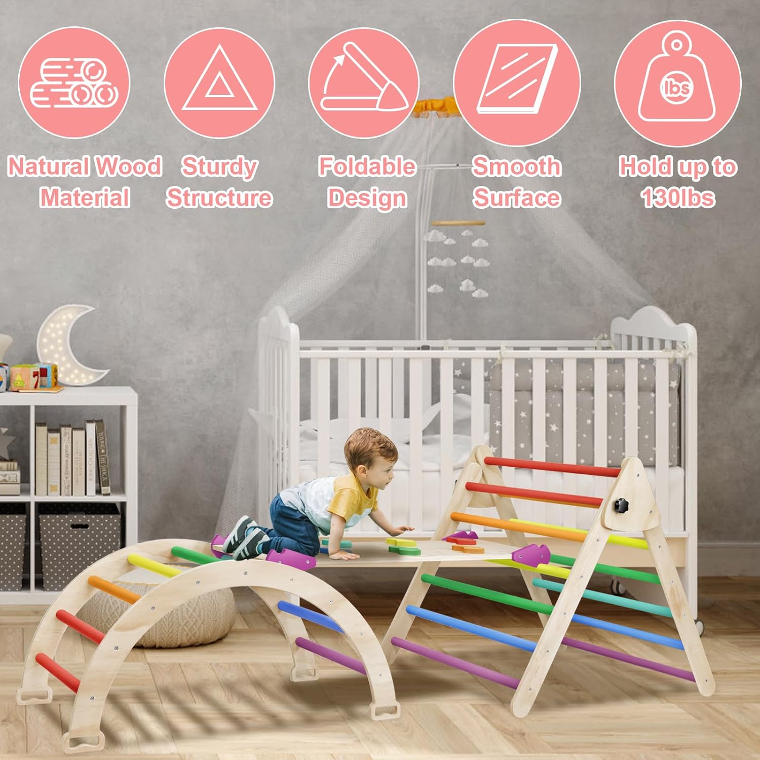 5 in 1 Pikler Triangle Set, Indoor Playground and Gym for Kids, Foldable Wooden Montessori Climbing Set