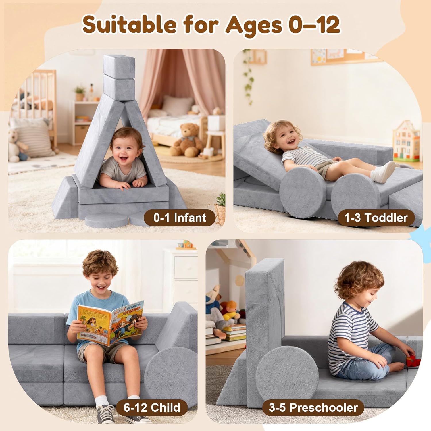 12PCS Modular Kids Play Couch with Blanket, Kids Sofa for Playroom & Indoor, Convertible Toddler Couch for Girls and Boys