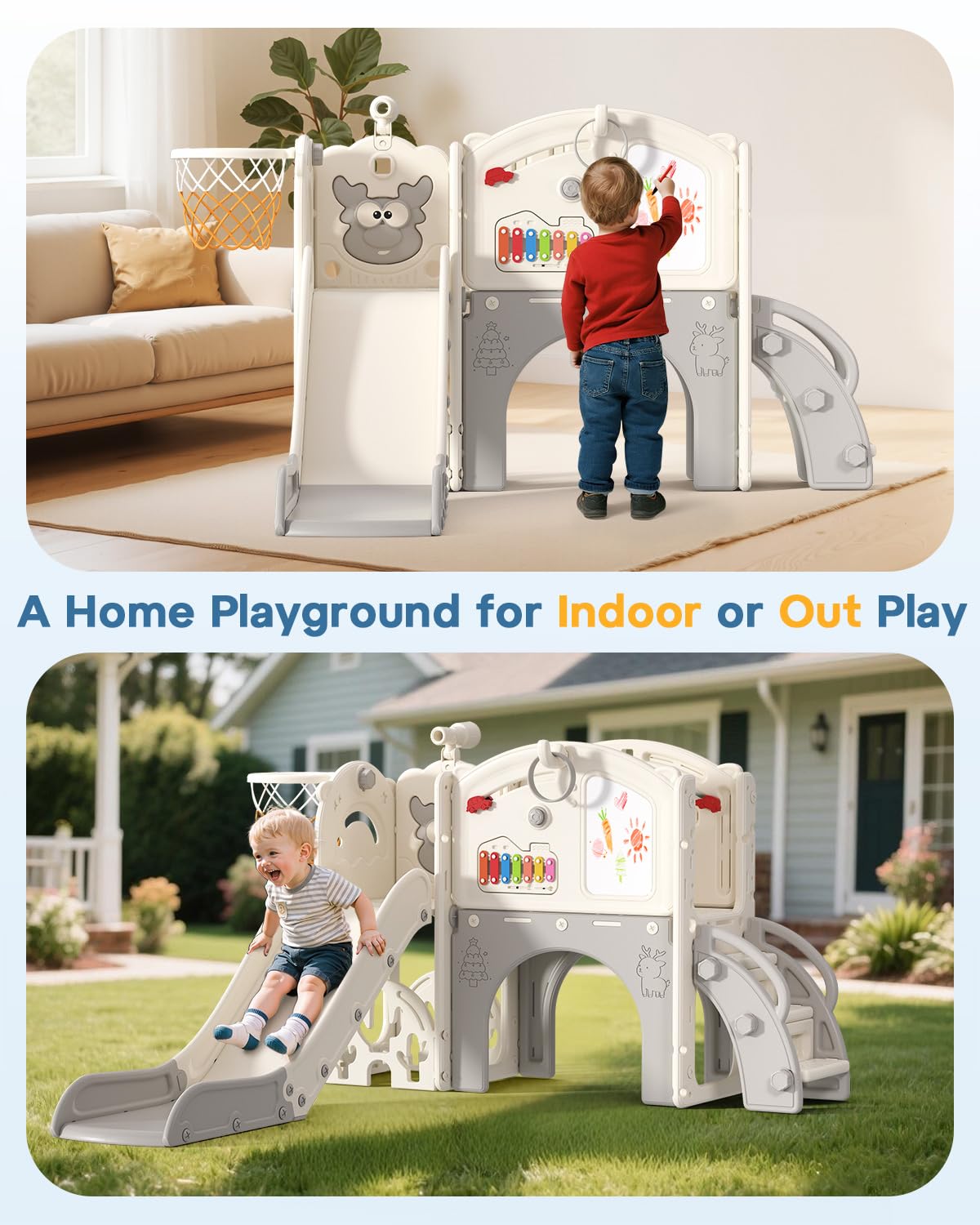 13 in 1 Kids Indoor Slide for Toddler 1-3, Indoor Outdoor Toddler Slide Playset with Basketball Hoop, Golf Game & Drawing Board, Baby Indoor Slide Playground