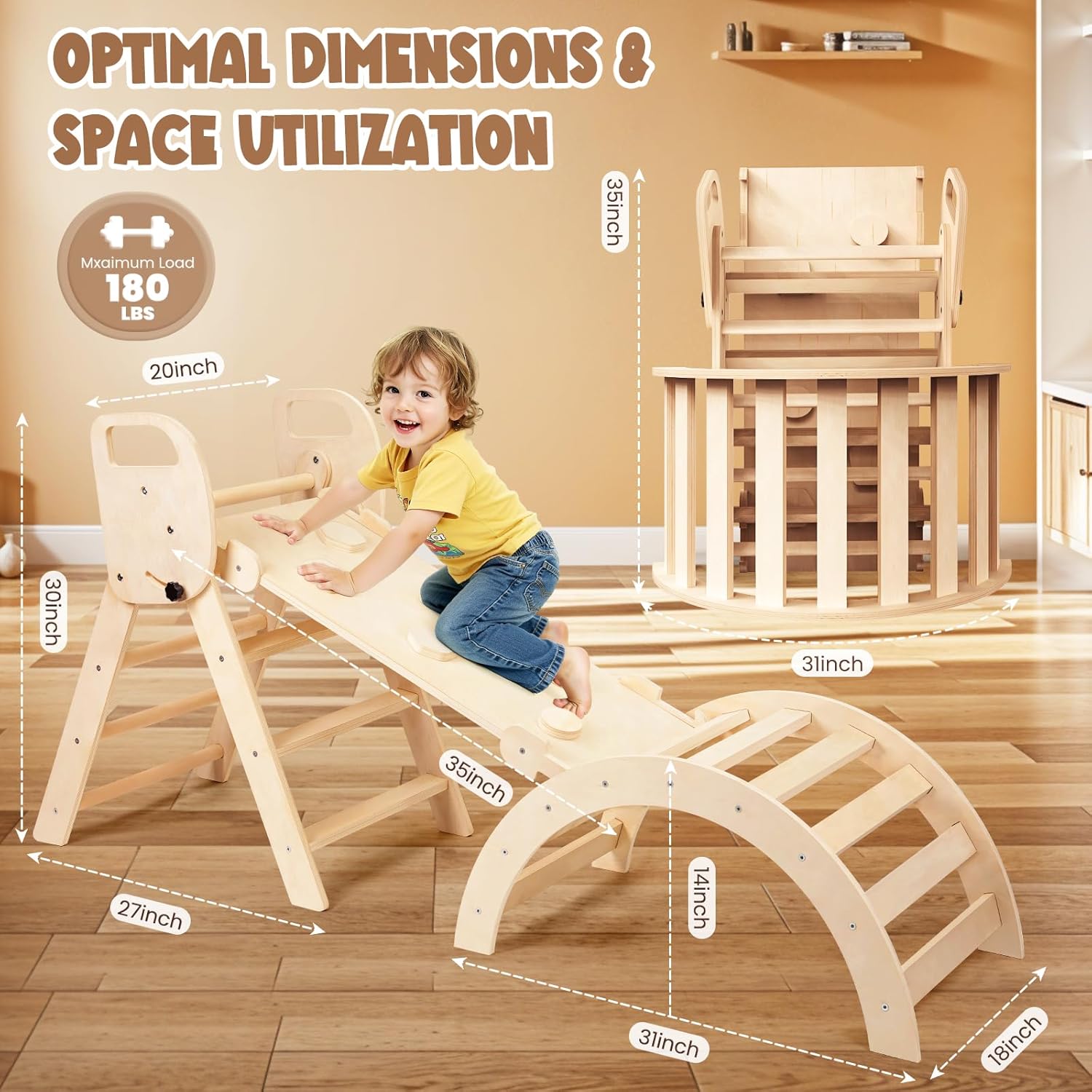 Pikler Triangle Set Foldable Wooden Toddler Climbing Toys Indoor, Playground Jungle Gym