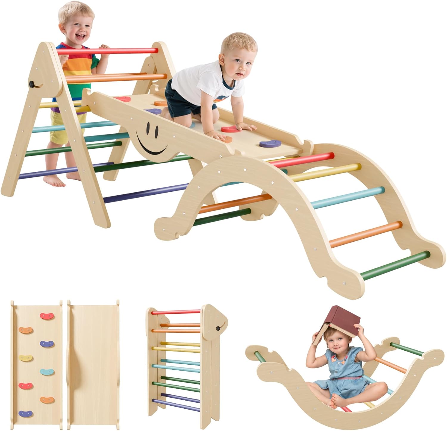 Pikler Triangle Set - 8 in 1 Toddler Climbing Toys Indoor Wooden, Montessori Pickler Climbing Set with Ramp