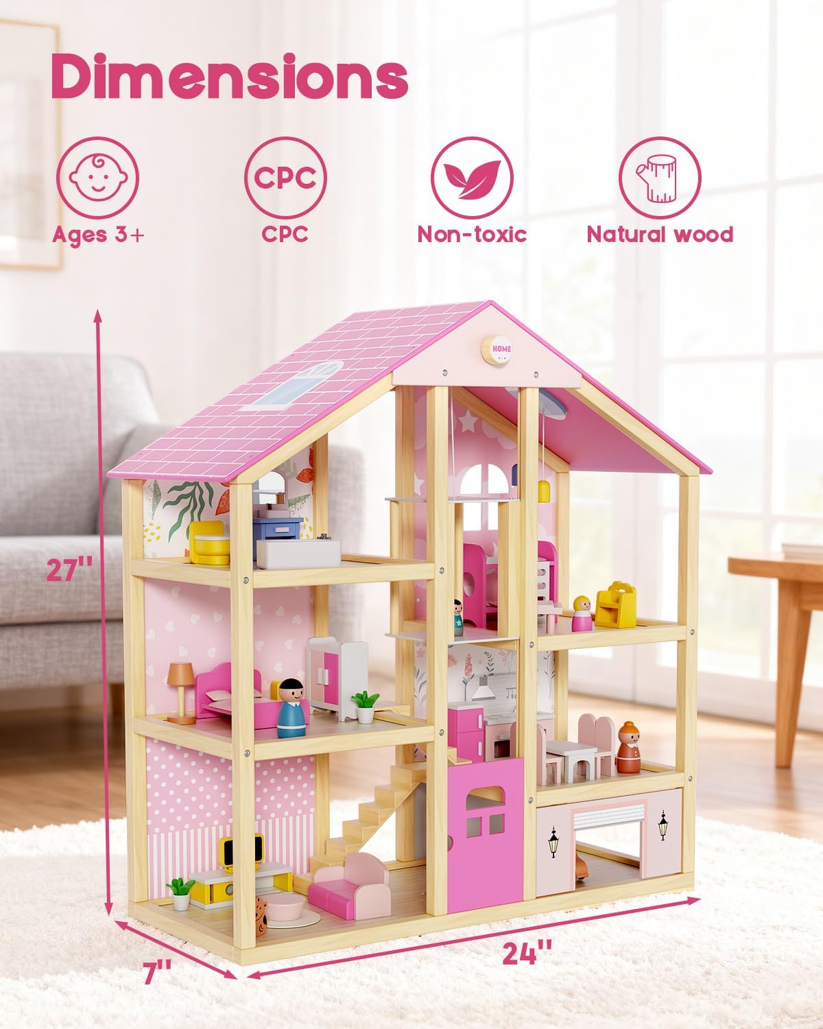 Wooden Dollhouse for Girls, Large Pink Wooden Doll House with 39 Furniture Accessories, Elevator & Garage, 5 Rooms Modern Dollhouse for Toddlers