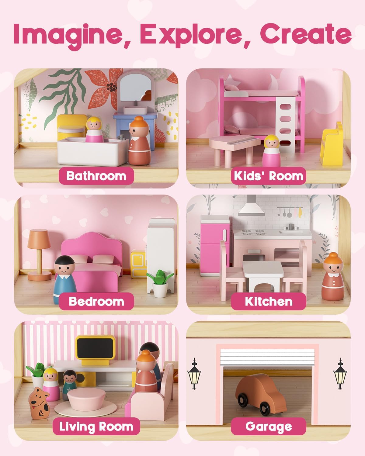 Wooden Dollhouse for Girls, Large Pink Wooden Doll House with 39 Furniture Accessories, Elevator & Garage, 5 Rooms Modern Dollhouse for Toddlers