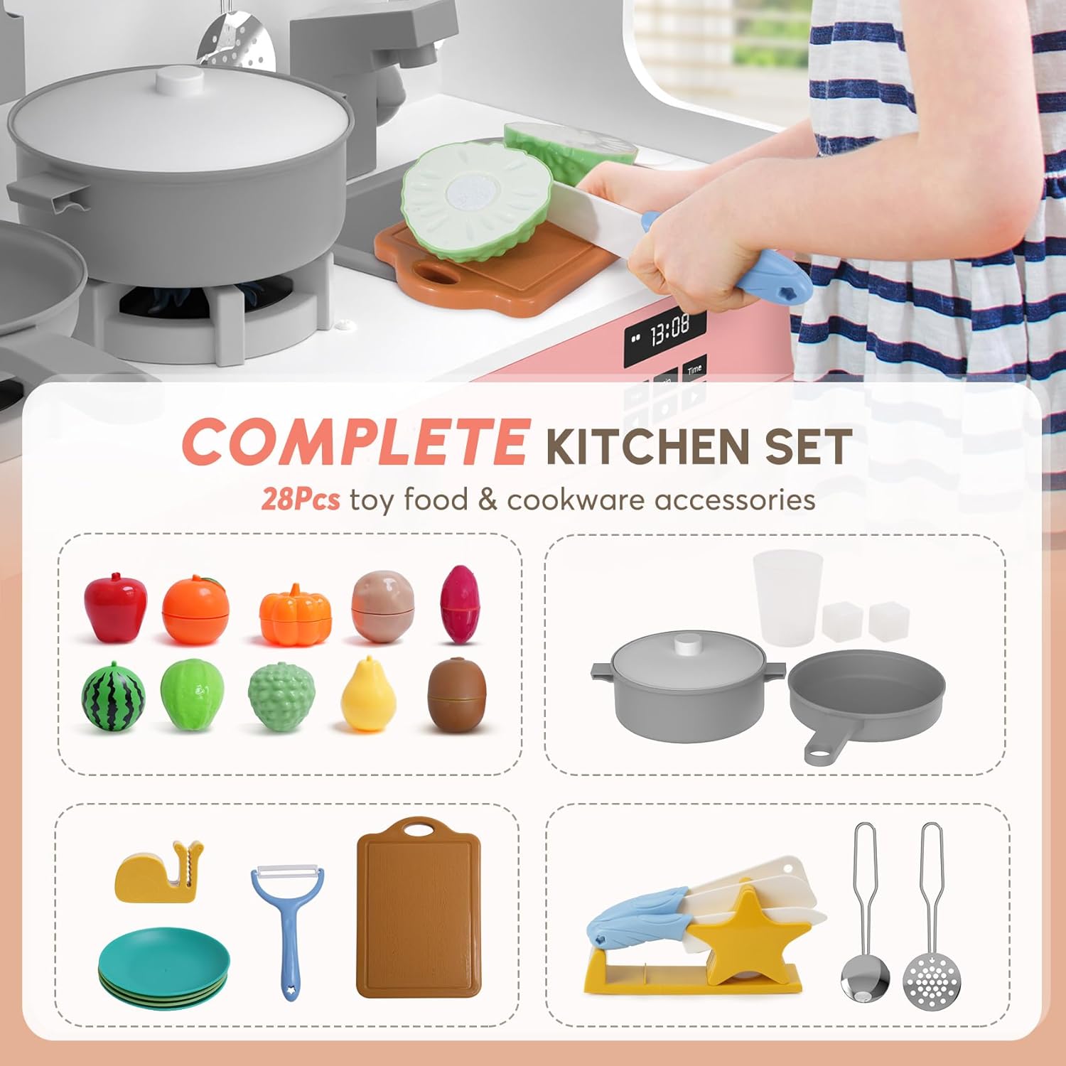 Play Kitchen with Realistic Lights & Sounds, Wooden Kitchen Playset with 28 Pcs Toy Food & Cookware Accessories