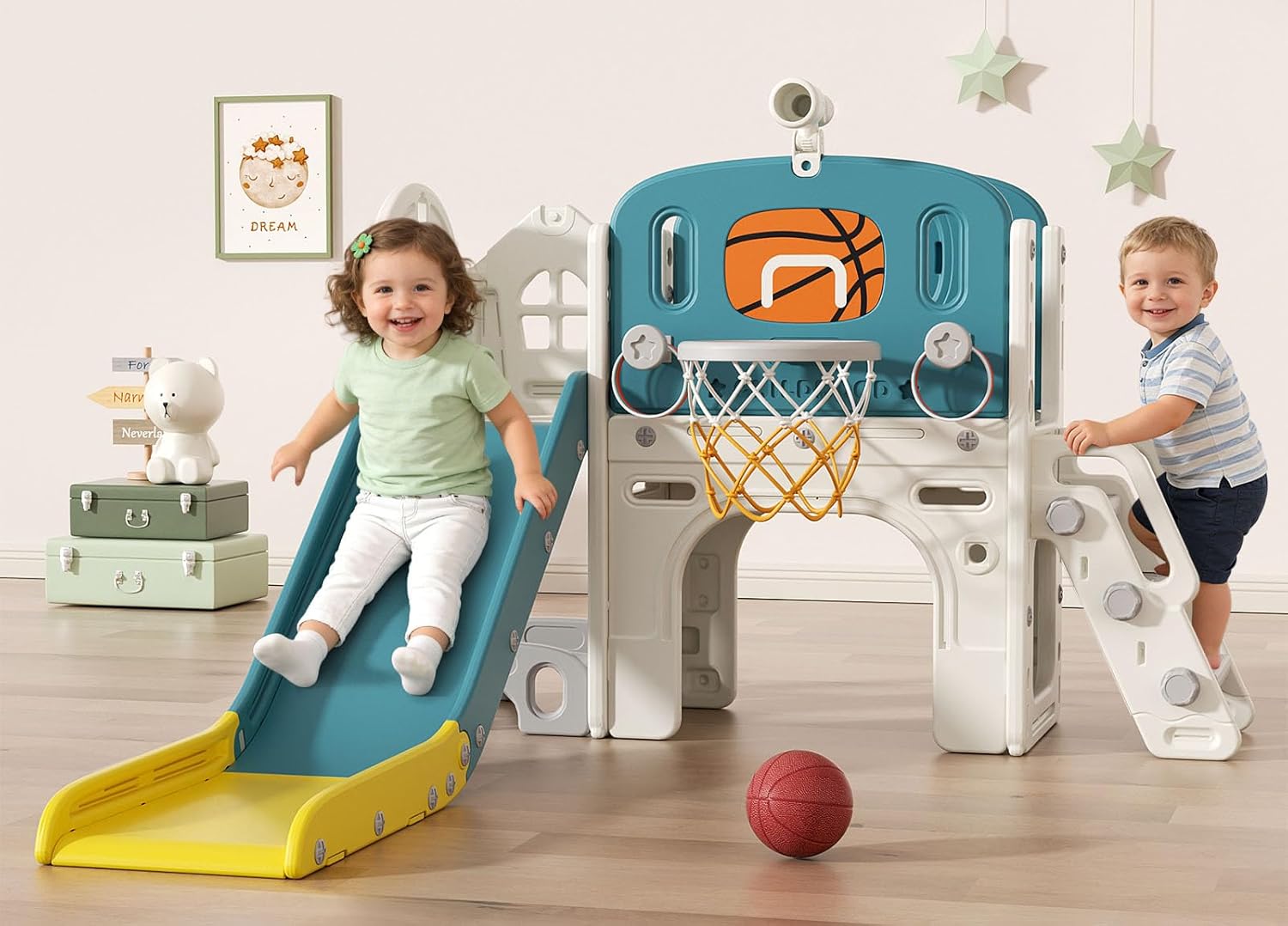 9 in 1 Toddler Slide Set - Baby Slide for Toddlers 1-3 with Ring Toss and Basketball Hoop, Indoor Outdoor Toddler Playset Playground