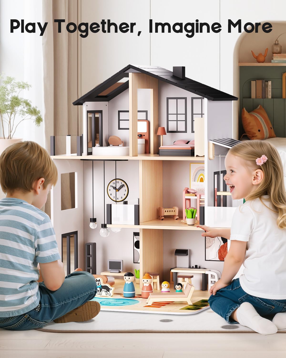 Wooden Dollhouse, Large Modern Doll House with 49Pcs Furniture Accessories, Dolls & Pets, DIY Puzzle Pool Yard, Wood Dollhouse Toy for Toddlers 3+, Ideal Gift for Boys and Girls (Black)