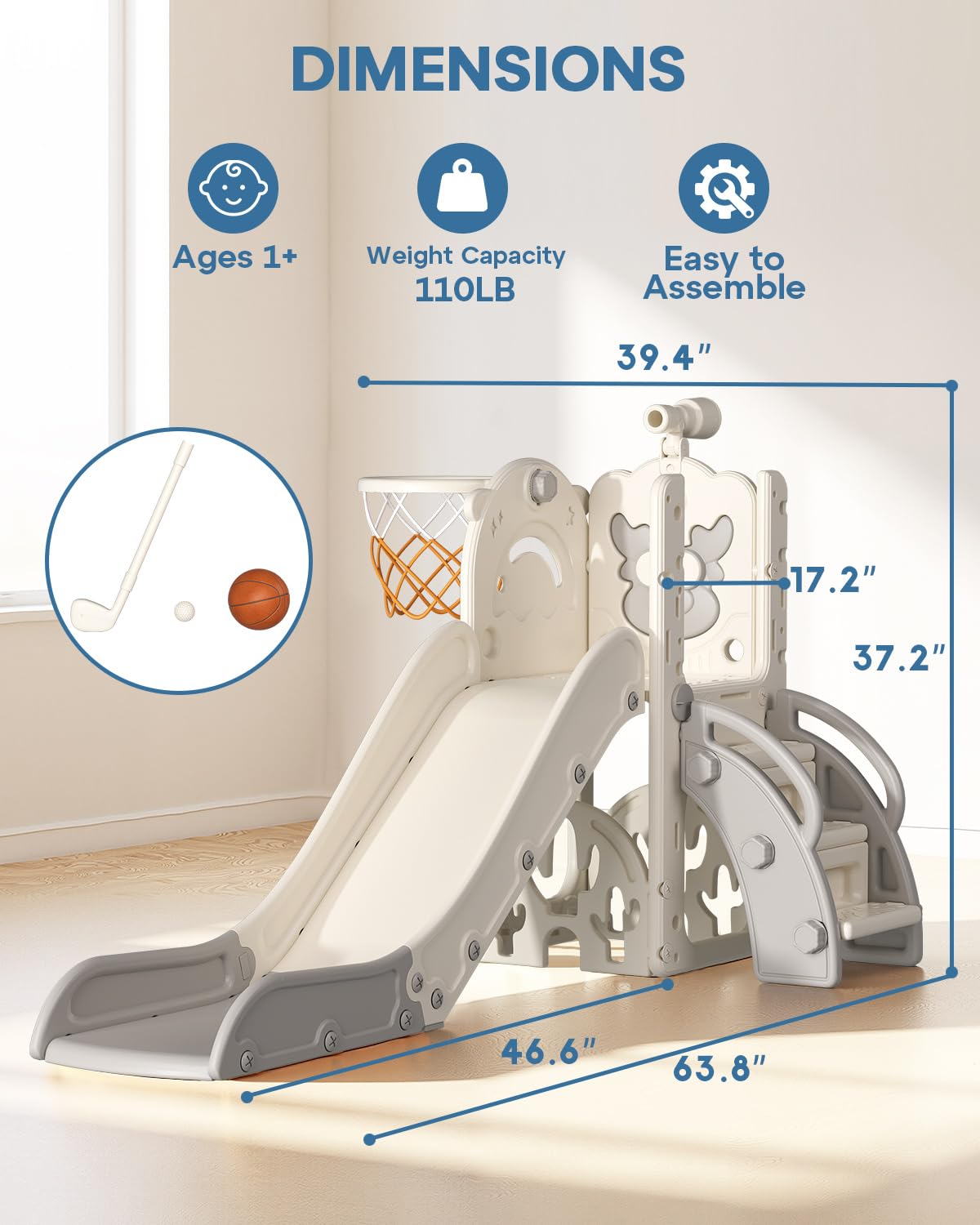 Toddler Slide for Kids,6-in-1 Indoor Outdoor Toddler Slides Playground with Basketball Hoop, Golf Game & Telescope, L-Shaped Baby Slide Climber Playset