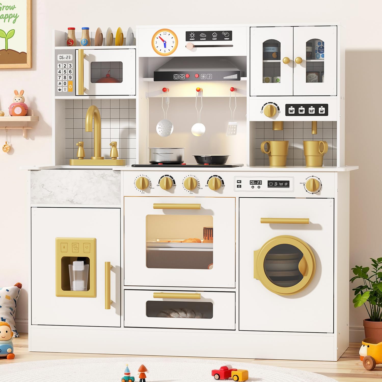 Wooden Play Kitchen for Kids Ages 3-8 with Lights & Sounds, Pretend Play Kitchen Set with Stove