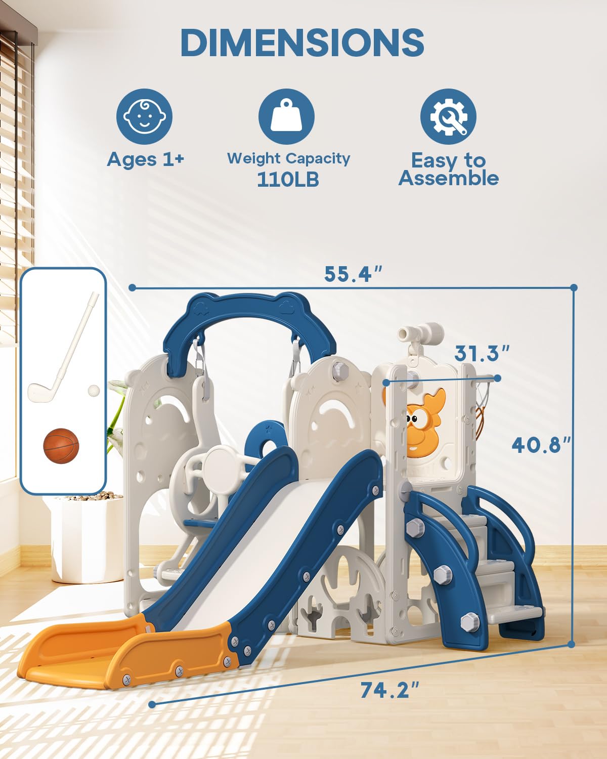 7-in-1 Indoor Outdoor Toddler Playset with Climber, Basketball Hoop & Golf Toys