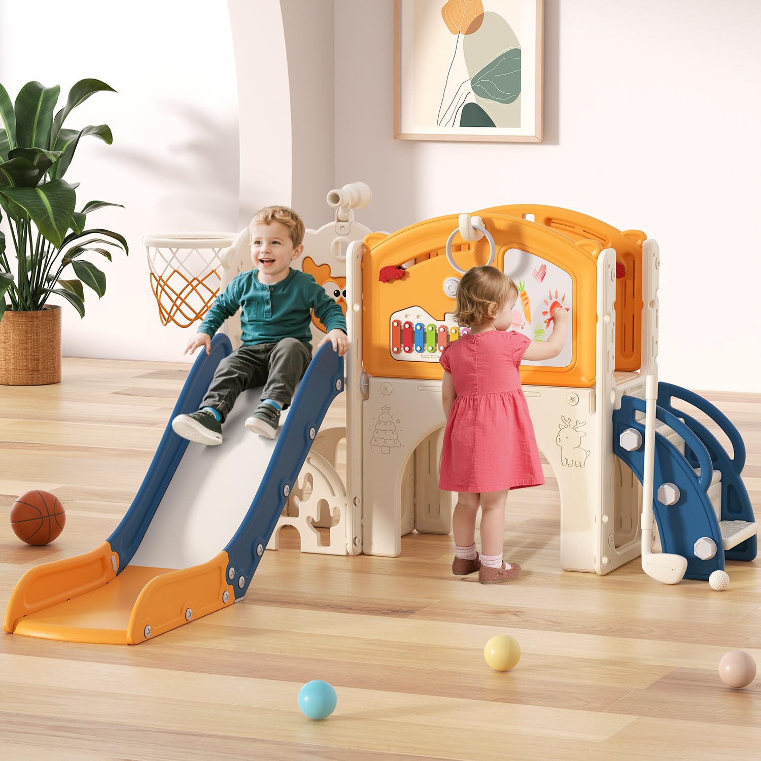 13 in 1 Kids Indoor Slide for Toddler 1-3, Indoor Outdoor Toddler Slide Playset with Basketball Hoop, Golf Game & Drawing Board, Baby Indoor Slide Playground